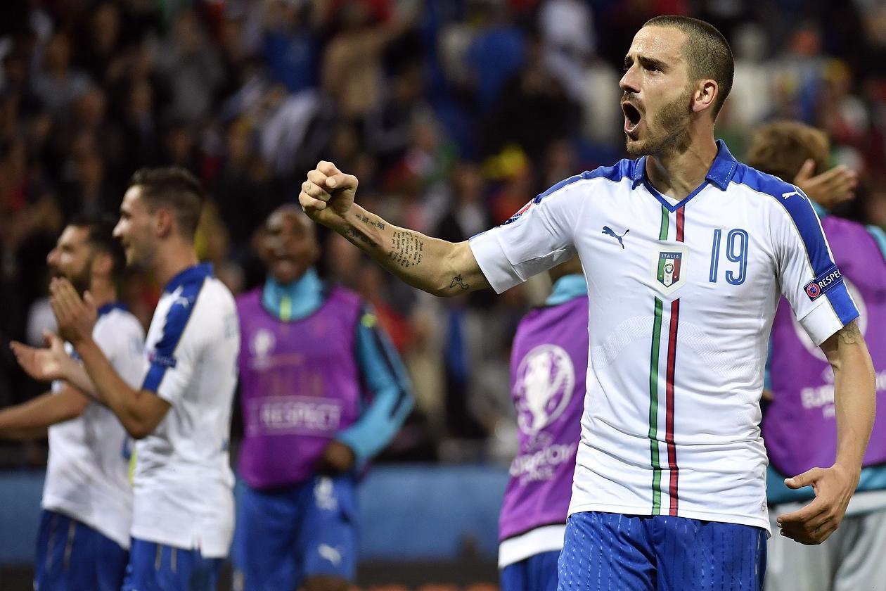 Italy\\'s defender Leonardo Bonucci celebrates his team\\'s 2-0 victory following the Euro 2016 group E football match between Belgium and Italy at the Parc Olympique Lyonnais stadium in Lyon on June 13, 2016. / AFP / jeff pachoud (Photo credit should read JEFF PACHOUD/AFP/Getty Images)