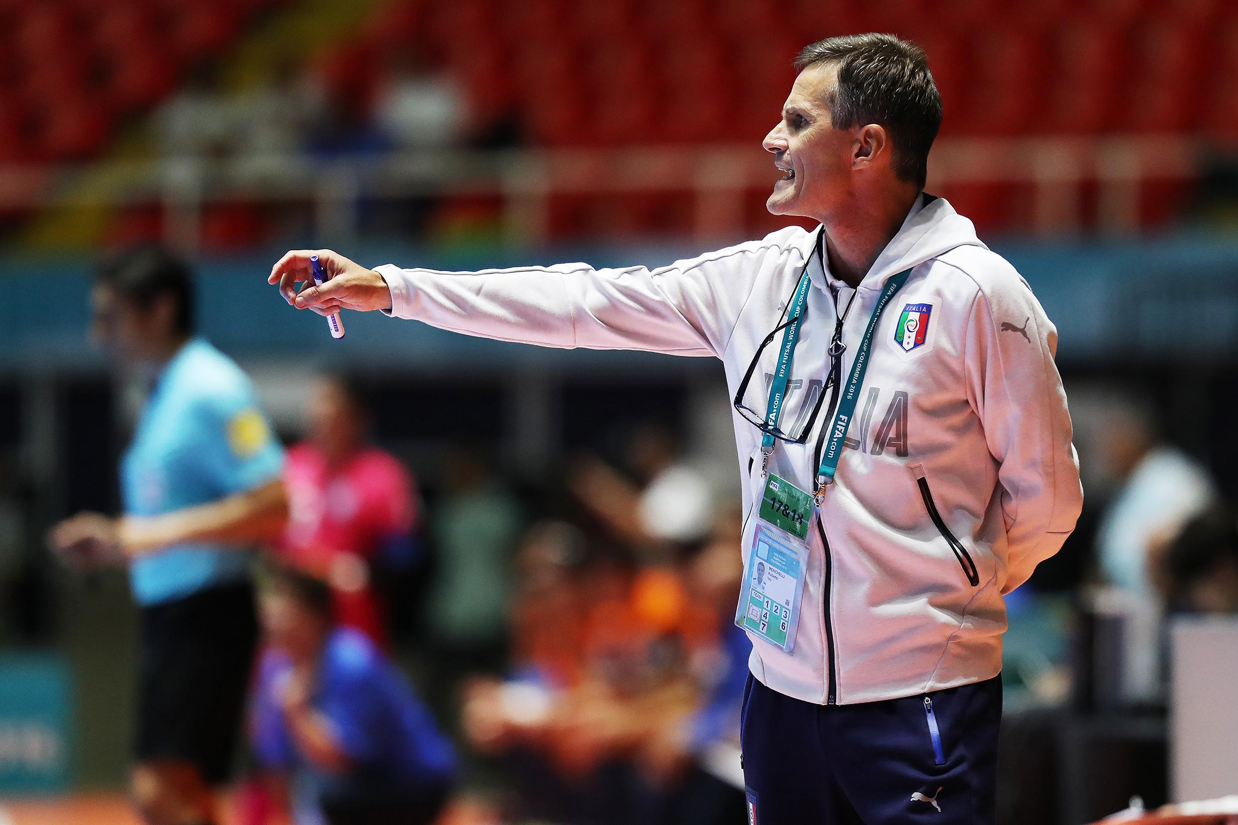 CALI, COLOMBIA - SEPTEMBER 14: Roberto Menichelli the coach of Italy is seen during the Group C match between Guatemala and Italy during the FIFA Futsal World Cup at the Coliseo el Pueblo Stadium on September 14, 2016 in Cali, Colombia. (Photo by Ian MacNicol - FIFA/FIFA via Getty Images)