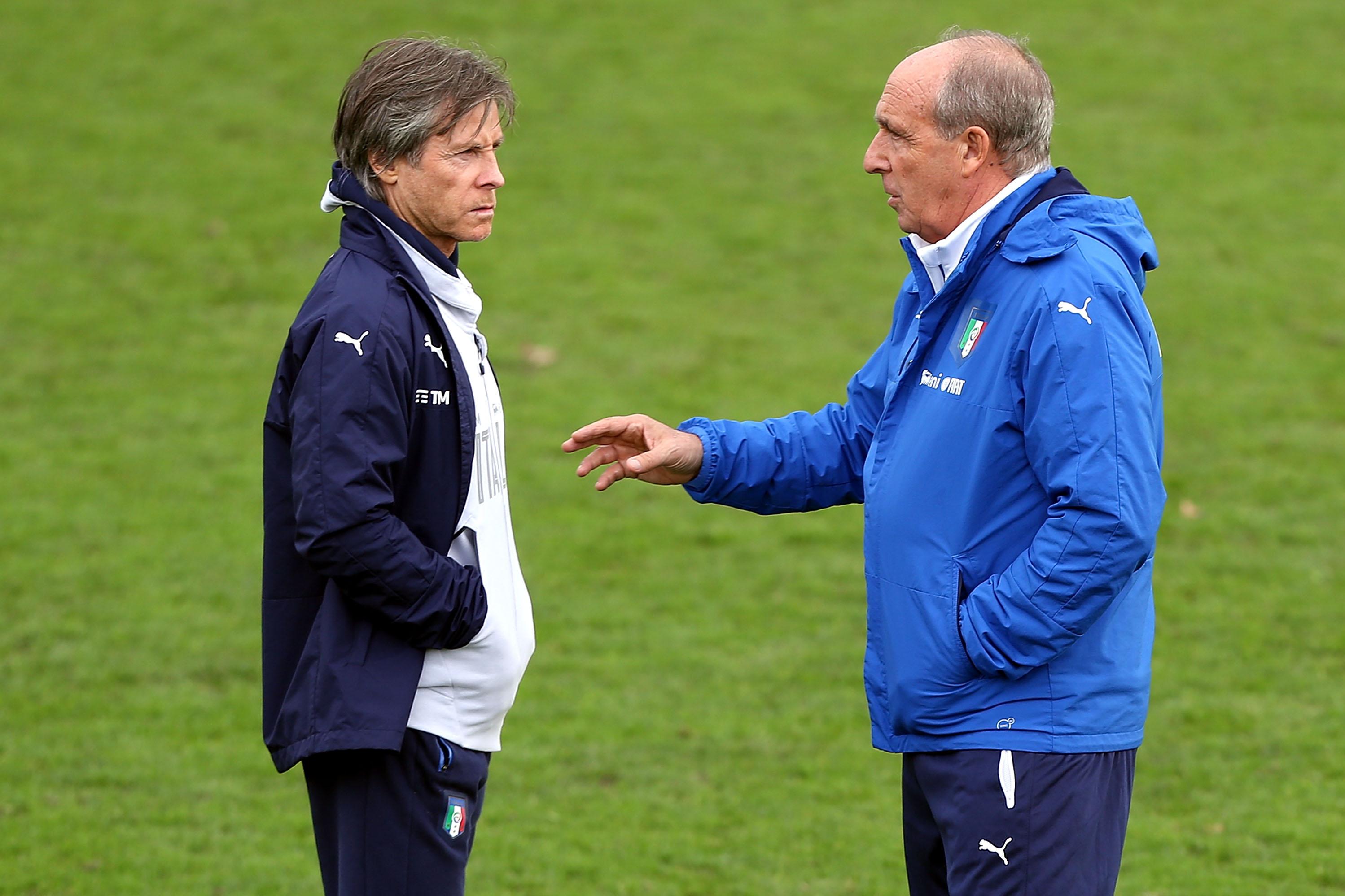 FLORENCE, ITALY - NOVEMBER 23: Giampiero Ventura manager of Italy and Gabriele Oriali team manager of Italy (R) at Coverciano on November 23, 2016 in Florence, Italy.  (Photo by Gabriele Maltinti/Getty Images)