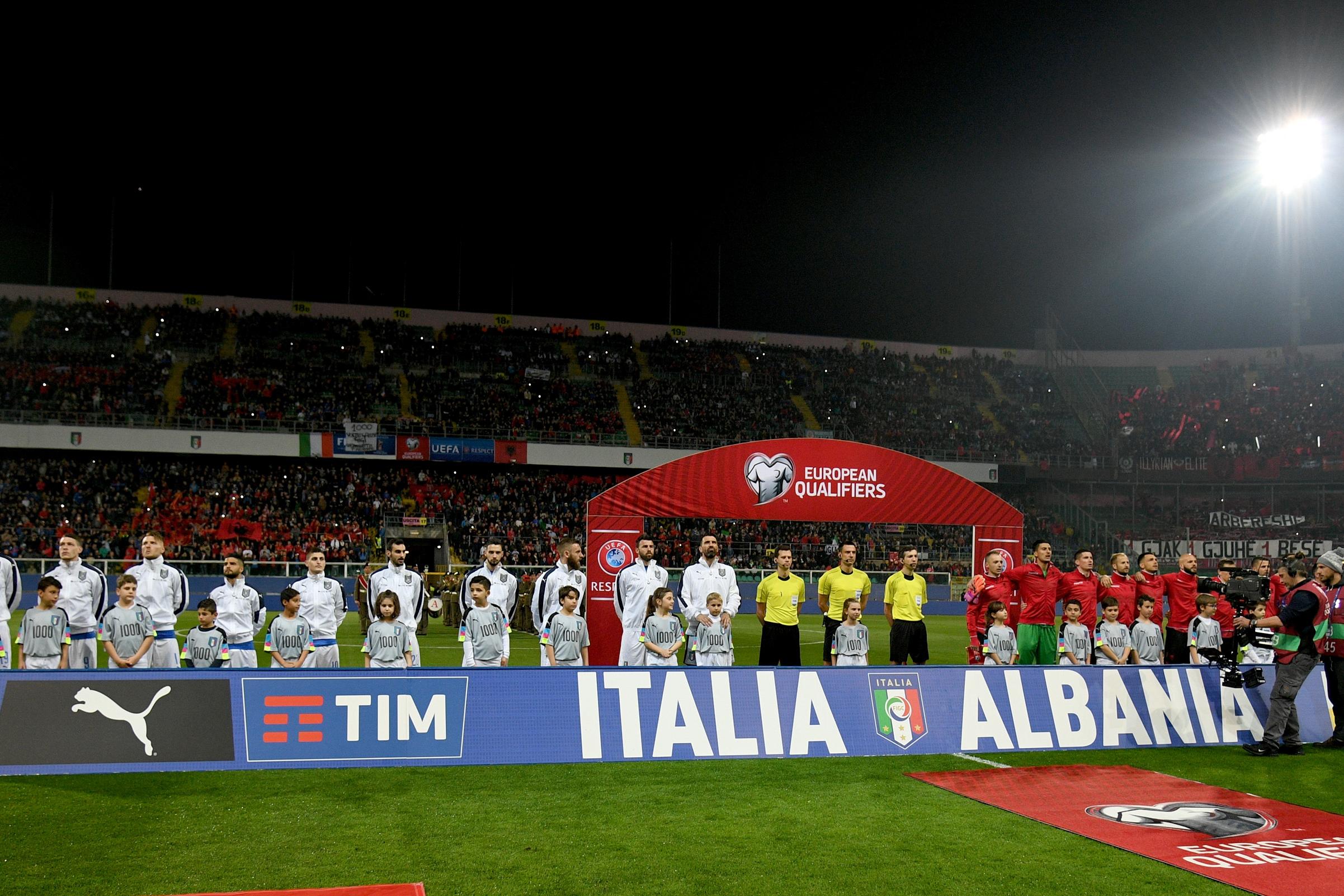 PALERMO, ITALY - MARCH 24:  Lineup of Italy and Albania prior to the FIFA 2018 World Cup Qualifier between Italy and Albania at Stadio Renzo Barbera on March 24, 2017 in Palermo, Italy.  (Photo by Claudio Villa/Getty Images)
