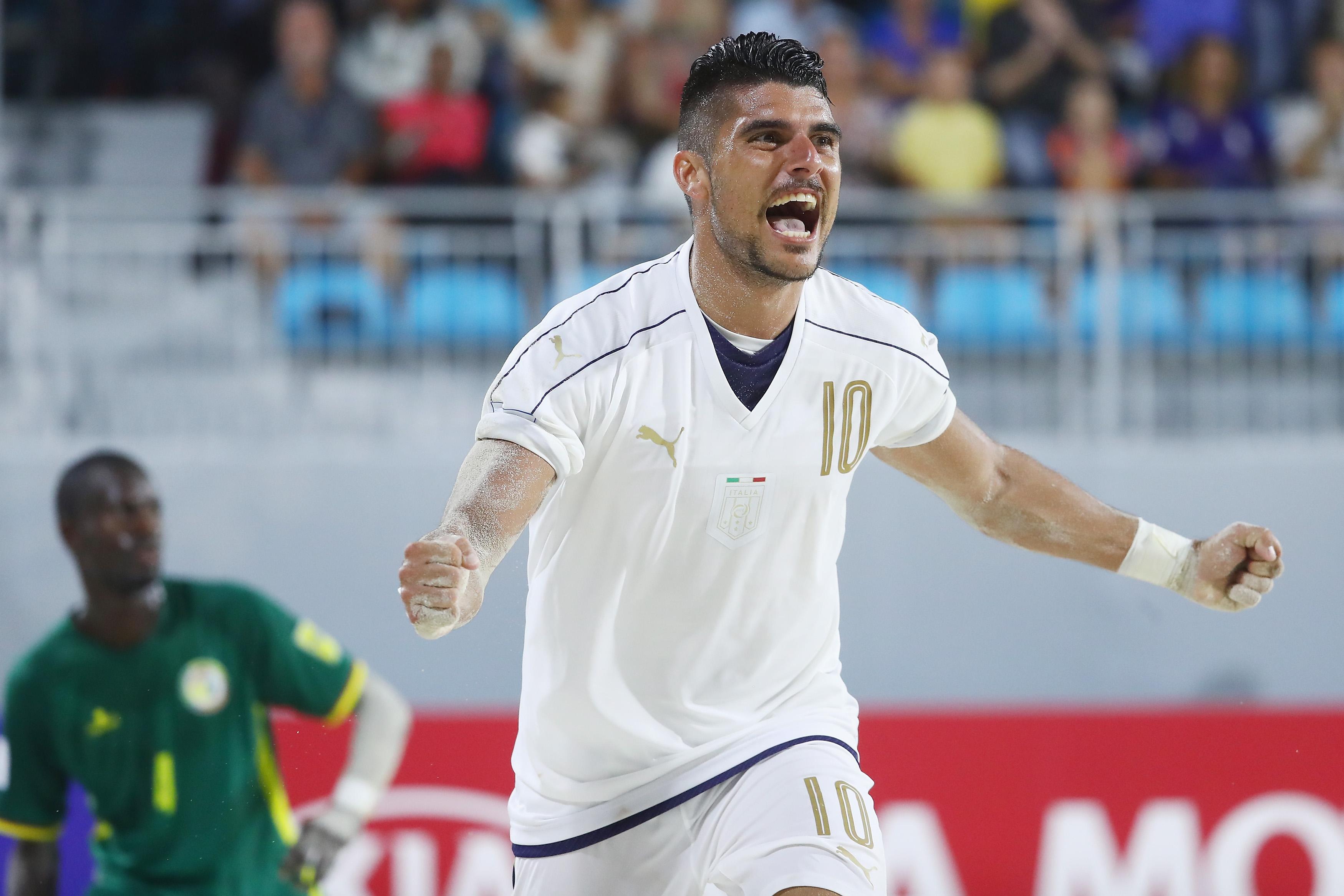 NASSAU, BAHAMAS - MAY 04: Gabriele Gori of Italy celebrates a goal during the FIFA Beach Soccer World Cup Bahamas 2017 quarter final match between Italy and Senegal at National Beach Soccer Arena at Malcolm Parkon May 4, 2017 in Nassau, Bahamas.  (Photo by Alex Grimm - FIFA/FIFA via Getty Images)