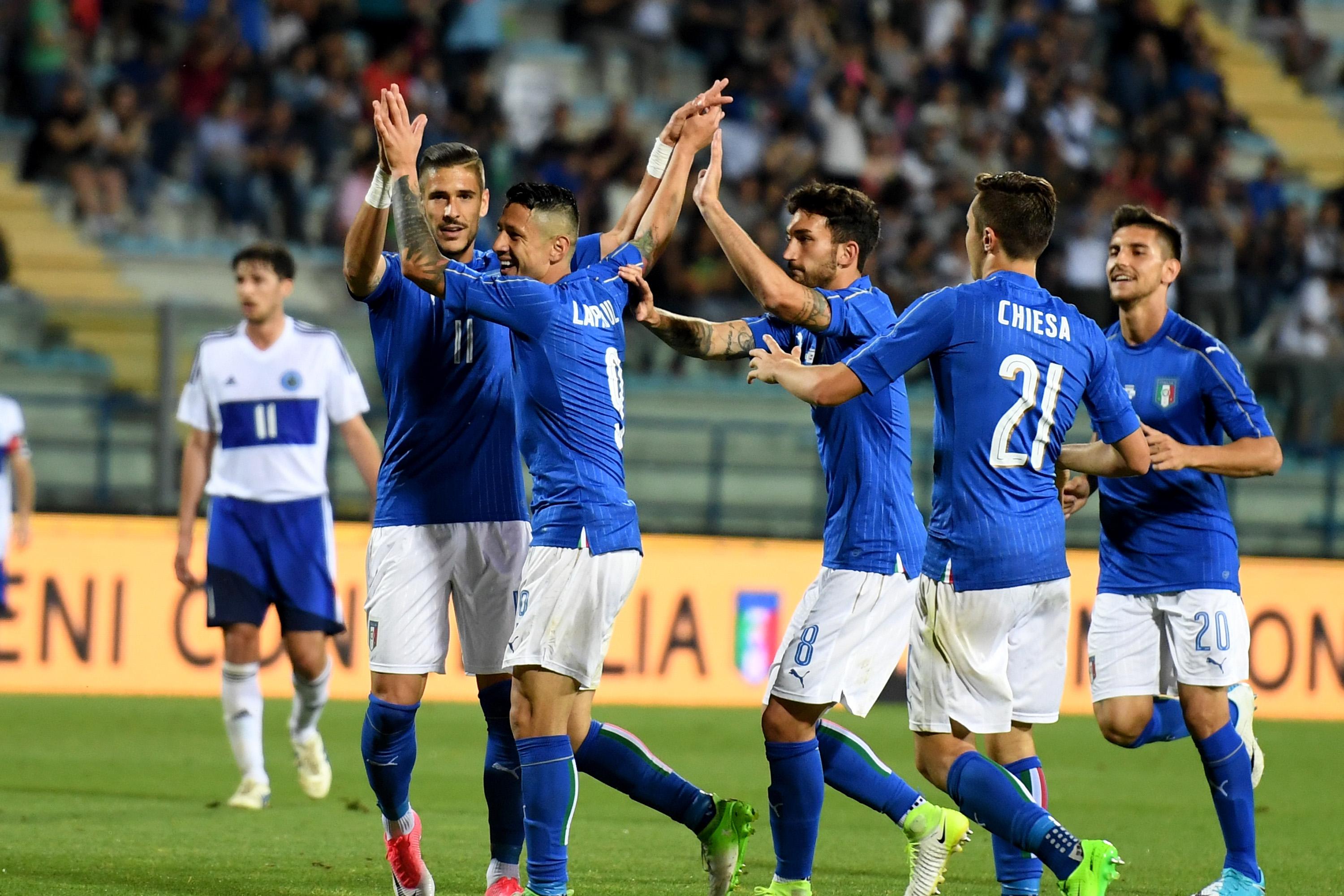 EMPOLI, ITALY - MAY 31:  Gianluca Lapadula of Italy #9 celebrates after scoring the sixth goal during the international friendy match played between Italy and San Marino at Stadio Carlo Castellani on May 31, 2017 in Empoli, Italy.  (Photo by Claudio Villa/Getty Images)