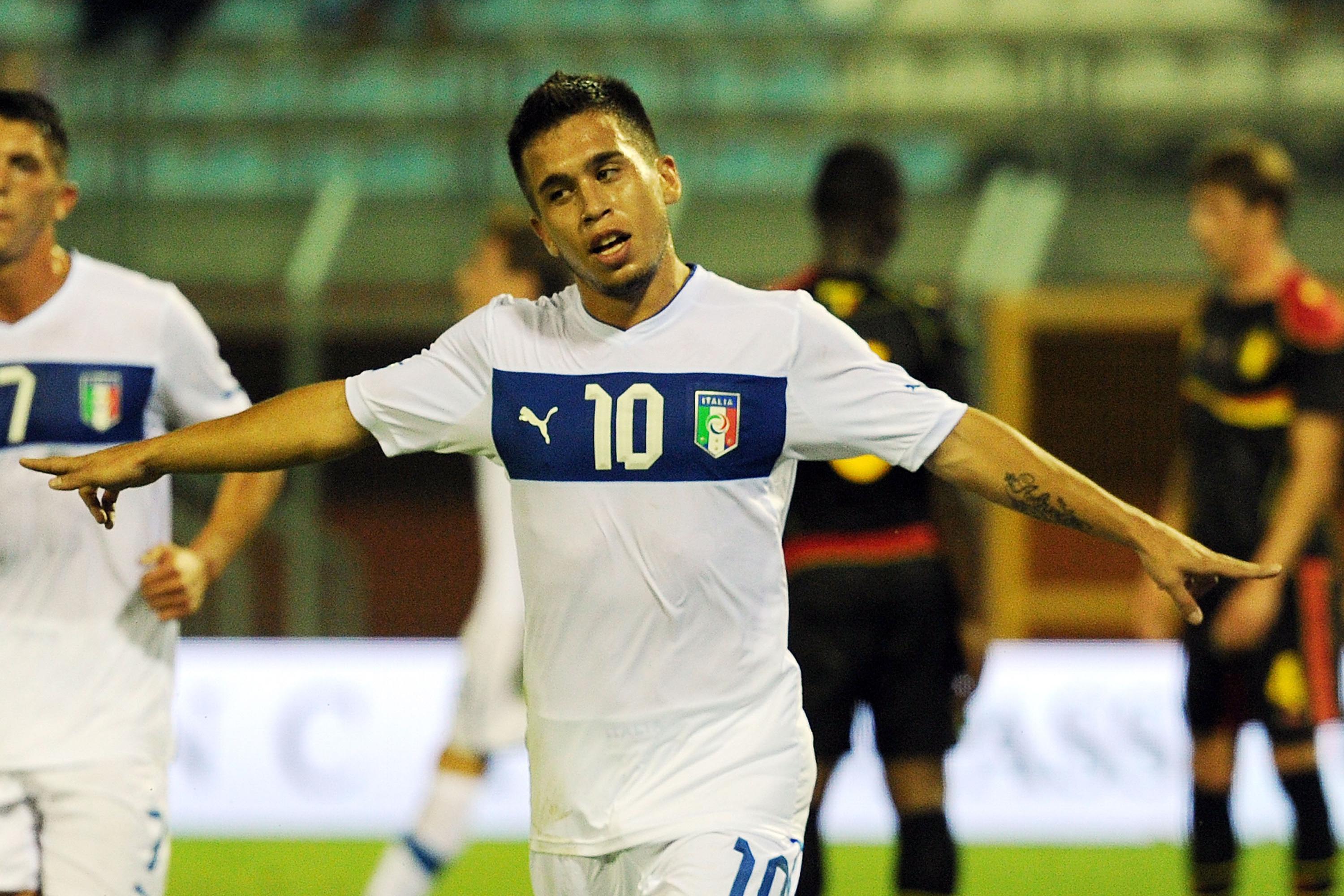 RIETI, ITALY - SEPTEMBER 05: Cristian Battocchio of Italy celebrates after scoring the opening goal during the 2015 UEFA European U21 Championships qualifier between Italy U21 and Belgium U21 at Stadio Centro d\\'Italia - Manlio Scopigno on September 5, 2013 in Rieti, Italy. (Photo by Giuseppe Bellini/Getty Images)