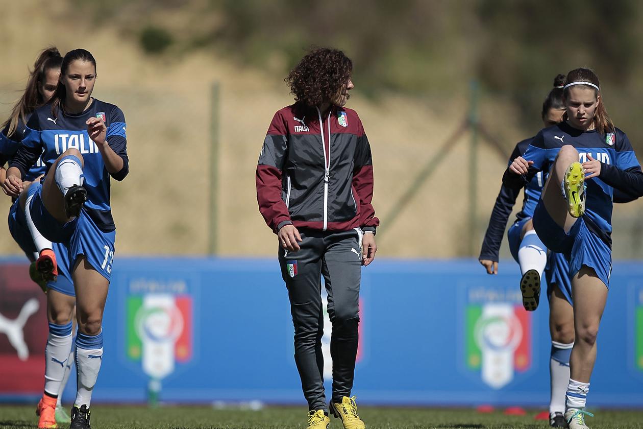 MONTEPULCIANO, ITALY - APRIL 09: Rita Guarino (C) sendo manager of Italy U17 women\\'s during the UEFA Under17 Women\\'s Elite Round match between Italy and Czech Republic at Stadio B. Bonelli on April 9, 2015 in Montepulciano, Italy. (Photo by Gabriele Maltinti/Getty Images)