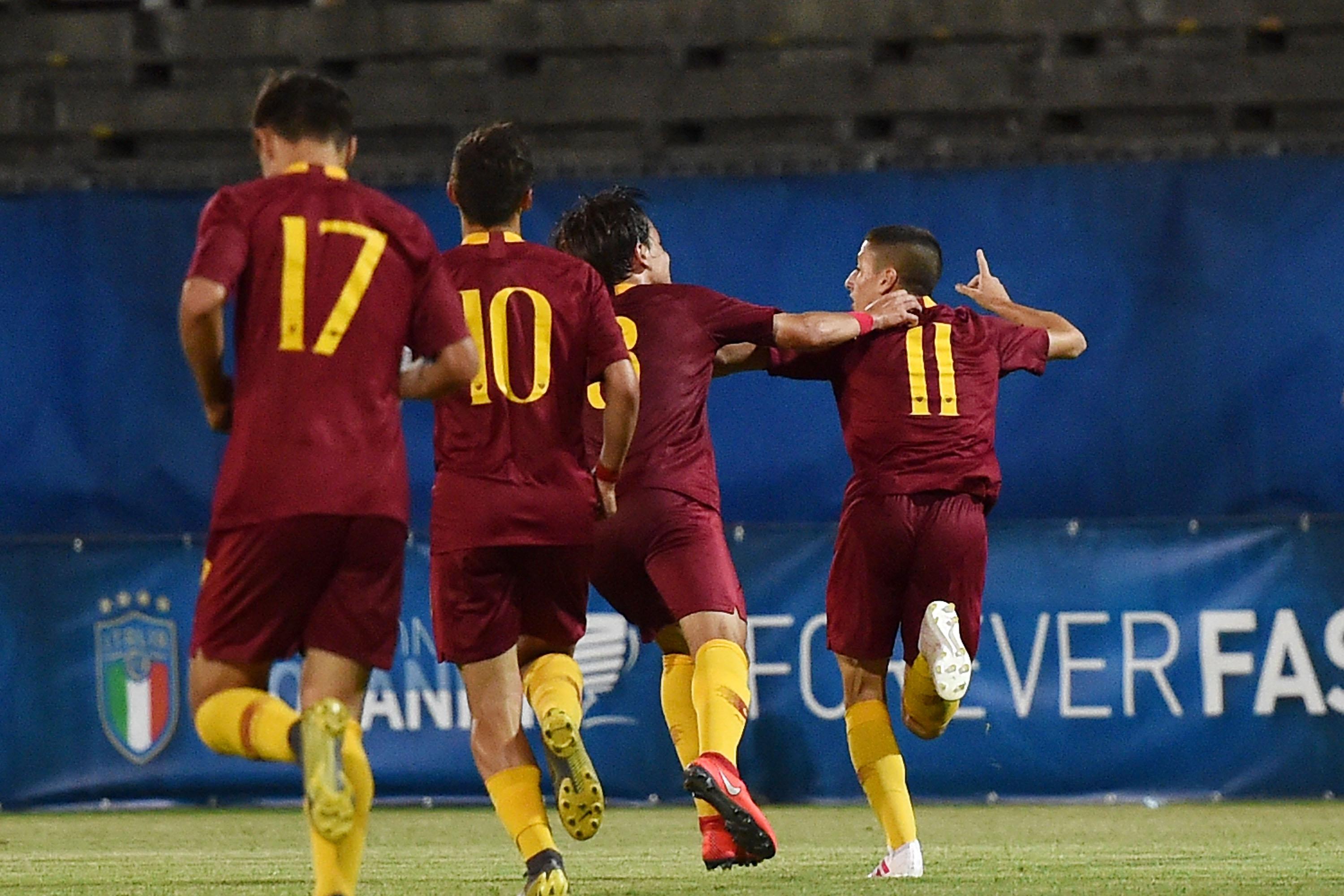 RAVENNA, ITALY - JUNE 13:  Cherubini of AS Roma celebrates after scoring the goal 0-2 during the Serie A & B Under 15 Playoff Final between AC Milan U15 and AS Roma U15 at Stadio Bruno Benelli on June 13, 2019 in Ravenna, Italy.  (Photo by Giuseppe Bellini/Getty Images)