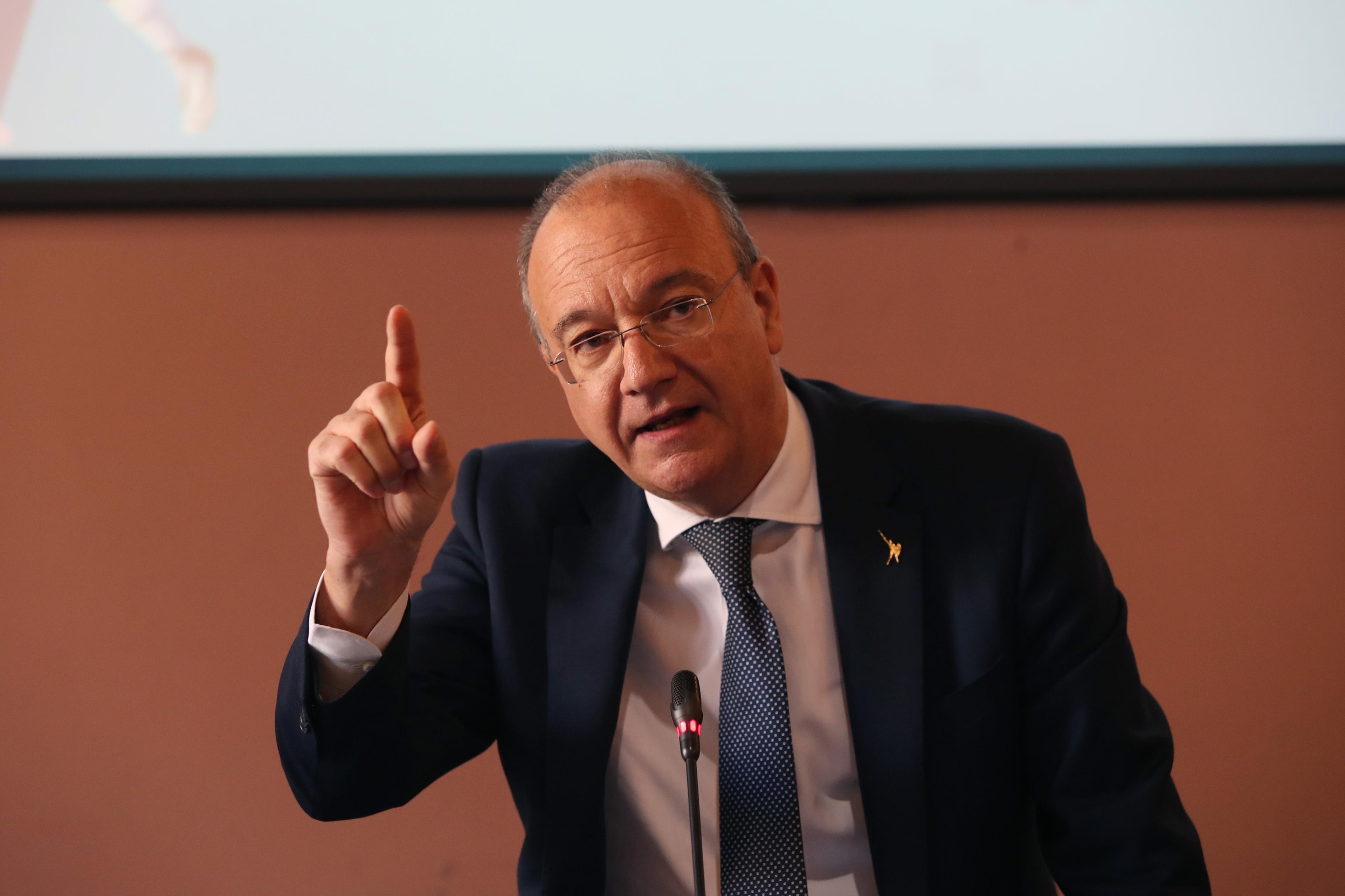 ROME, ITALY - MAY 25: Education Minister Giuseppe Valditara attends the press conference during FIGC 'Valori In Rete' event at Education Ministry on May 25, 2023 in Rome, Italy. (Photo by Paolo Bruno/Getty Images)