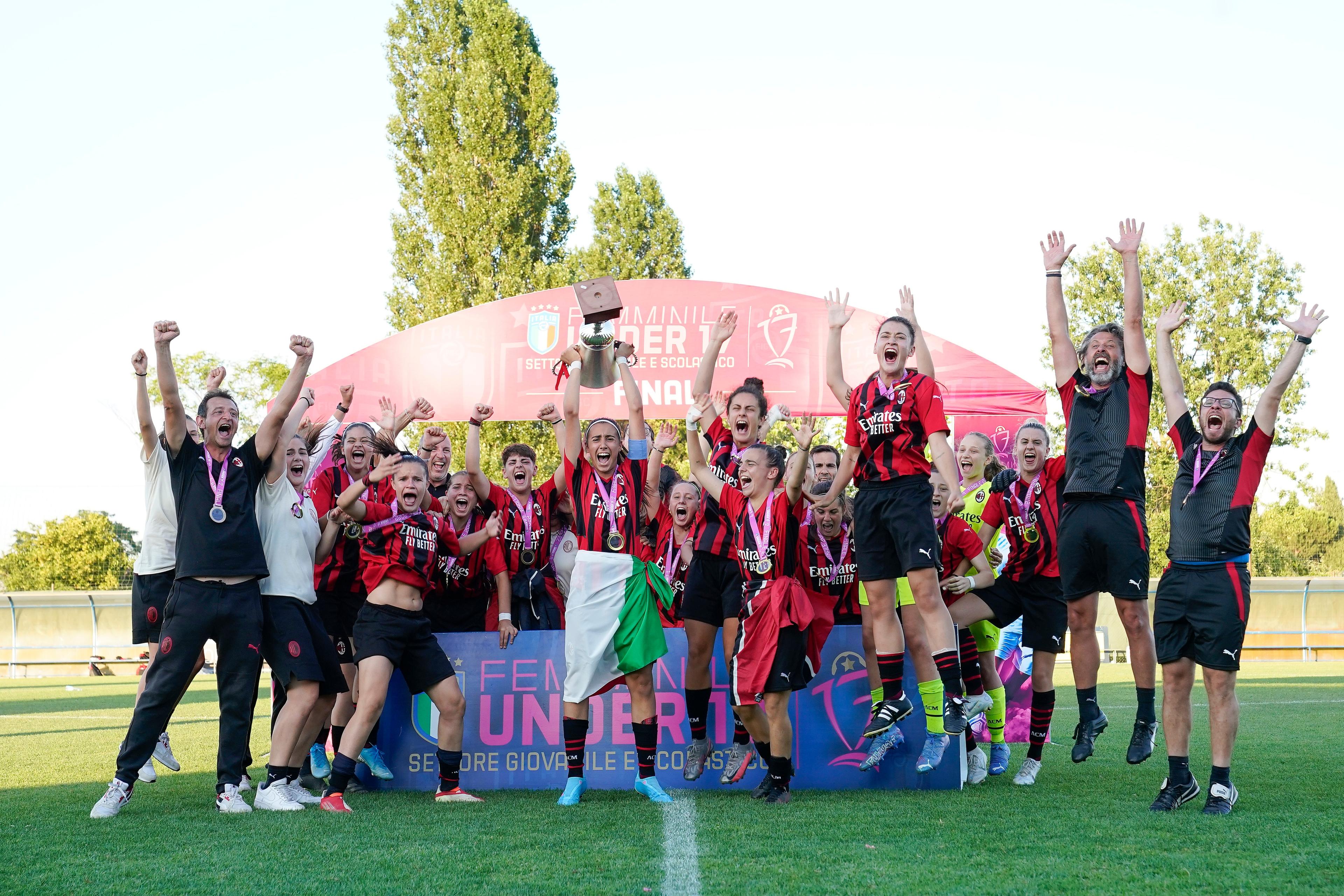CESENA, ITALY - JUNE 30: AC Milan Woman U17 poses with trophy at the end of the Women U17 Final match between Juventus and AC Milan  on June 30, 2022 in Cesena, Italy. (Photo by Danilo Di Giovanni/Getty Images)