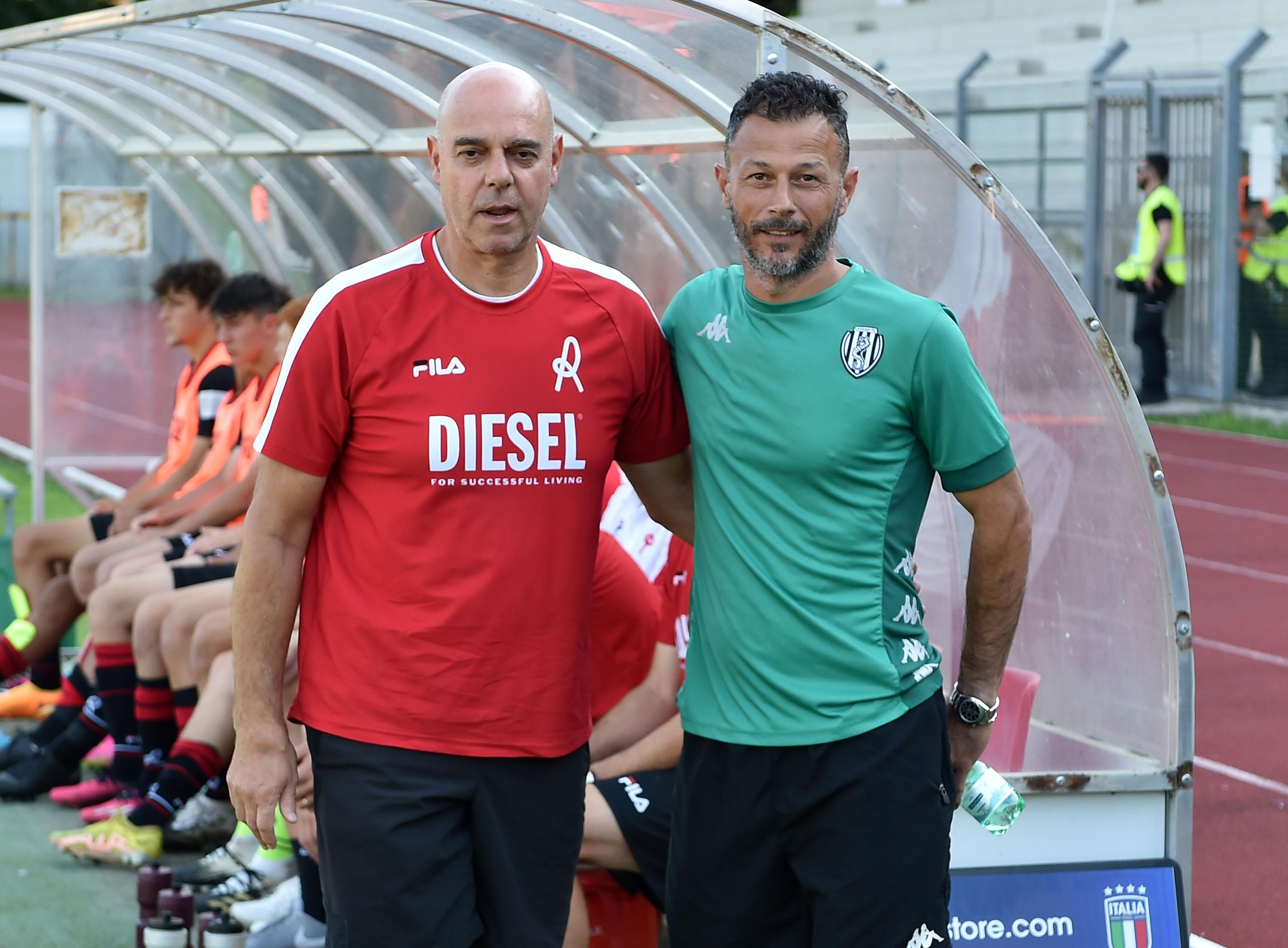 TOLENTINO, ITALY - JUNE 16: Guido Belardinelli head coach of Vicenza and Juri Tamburini head coach of Cesena prior Serie C U16 Final match between Cesena and Vicenza on June 16, 2023 in Tolentino, Italy. (Photo by Giuseppe Bellini/Getty Images) *** Local Caption *** Guido Belardinelli Juri Tamburini