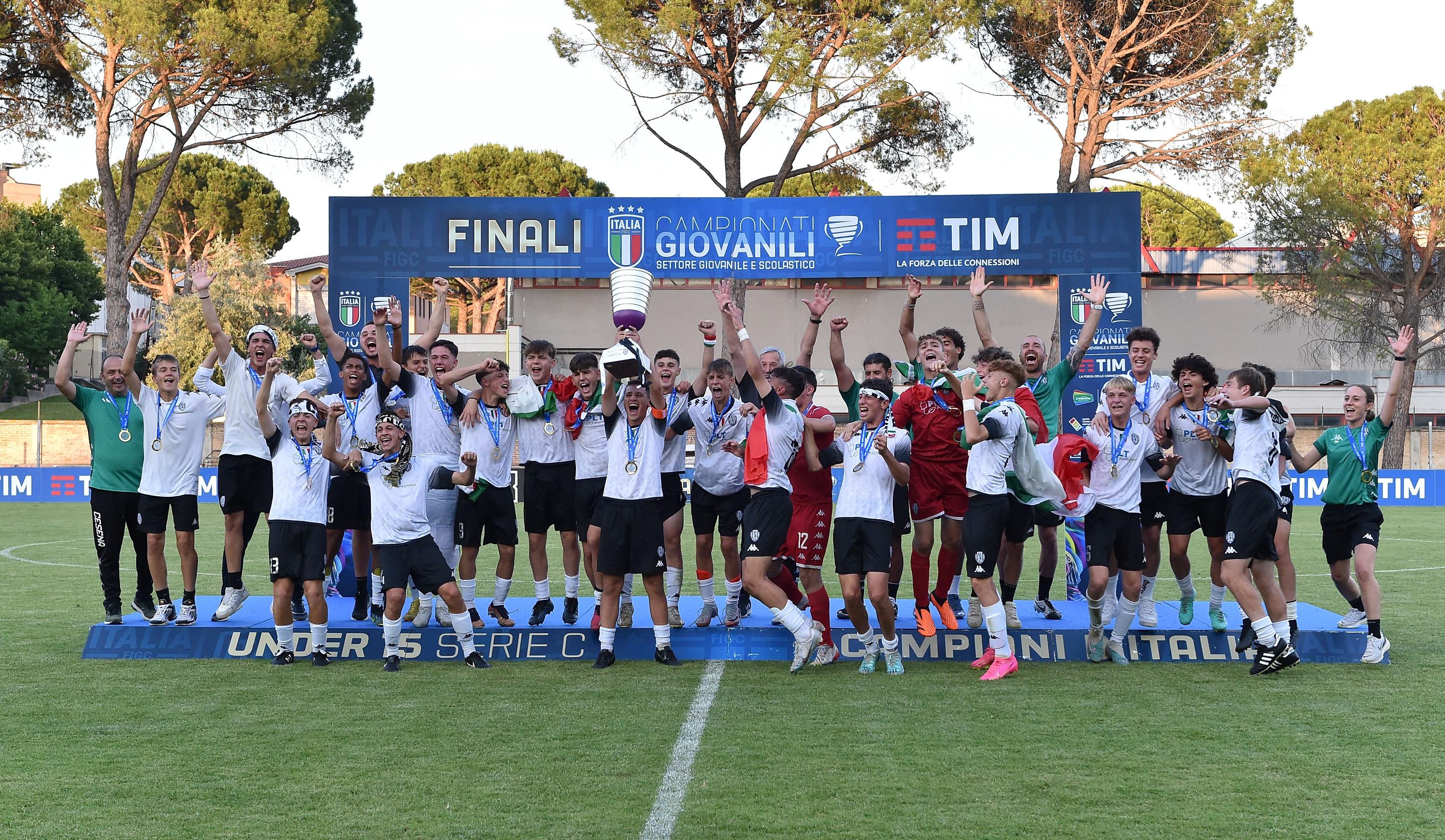 TOLENTINO, ITALY - JUNE 19: Team of Cesena celebrates the victory after the Serie C U15 Final match between Cesena and Juve Stabia on June 19, 2023 in Tolentino, Italy. (Photo by Giuseppe Bellini/Getty Images)