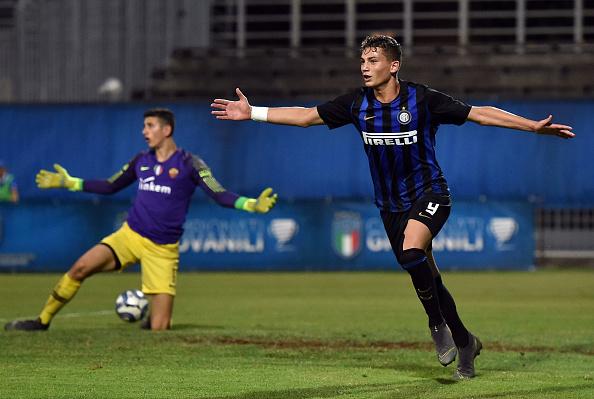 RAVENNA, ITALY - JUNE 20: Sebastiano Esposito of FC Internazionale celebrates after scoring opening goal during the U17 league final match between FC Internazionale and As Roma at Stadio Bruno Benelli on June 20, 2019 in Ravenna, Italy. (Photo by Giuseppe Bellini/Getty Images )