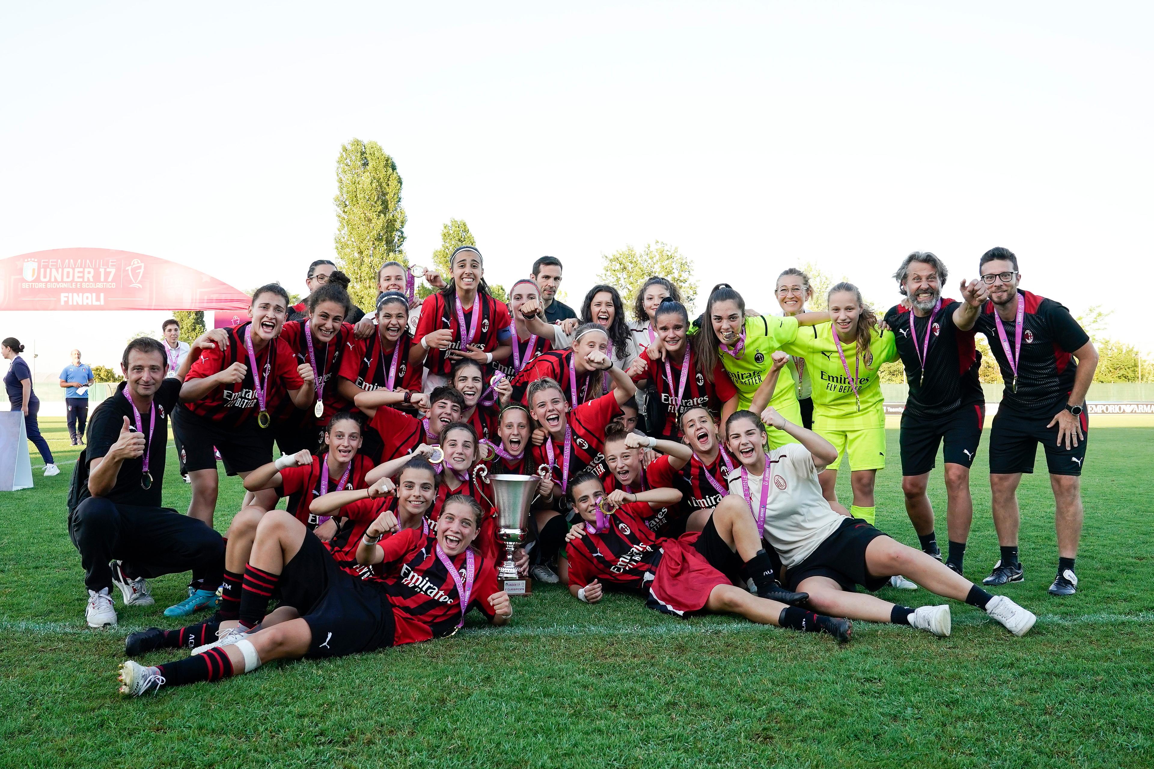 CESENA, ITALY - JUNE 30: AC Milan Woman U17 poses with trophy at the end of the Women U17 Final match between Juventus and AC Milan  on June 30, 2022 in Cesena, Italy. (Photo by Danilo Di Giovanni/Getty Images)