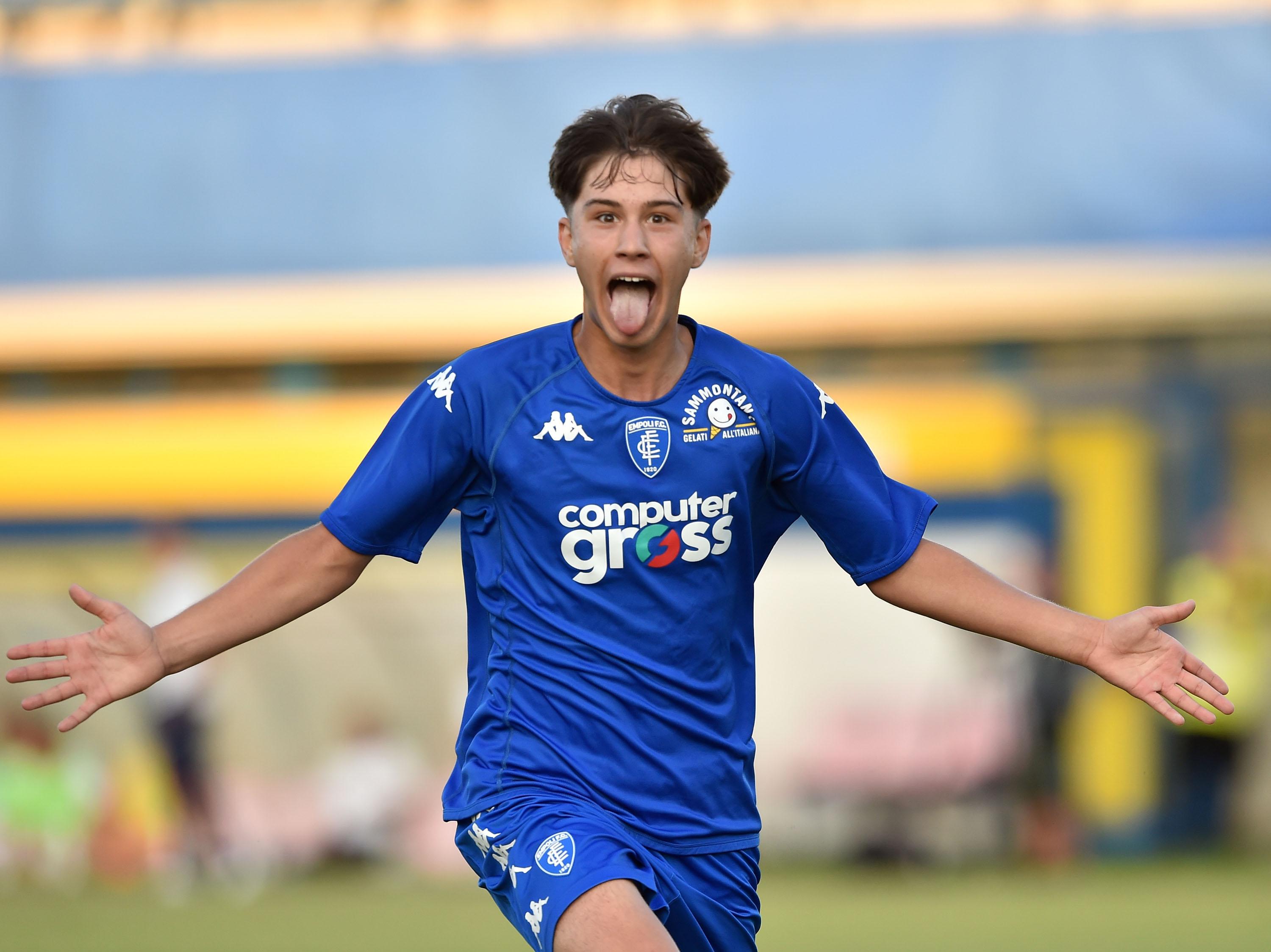 FERMO, ITALY - JUNE 24: Oliver Blini of Empoli celebrates after scoring opening goal during the U15 Serie A e B Final between Empoli and FC Internazionale at Stadio Bruno Recchioni on June 24, 2023 in Fermo, Italy. (Photo by Giuseppe Bellini/Getty Images) *** Local Caption *** Oliver Blini