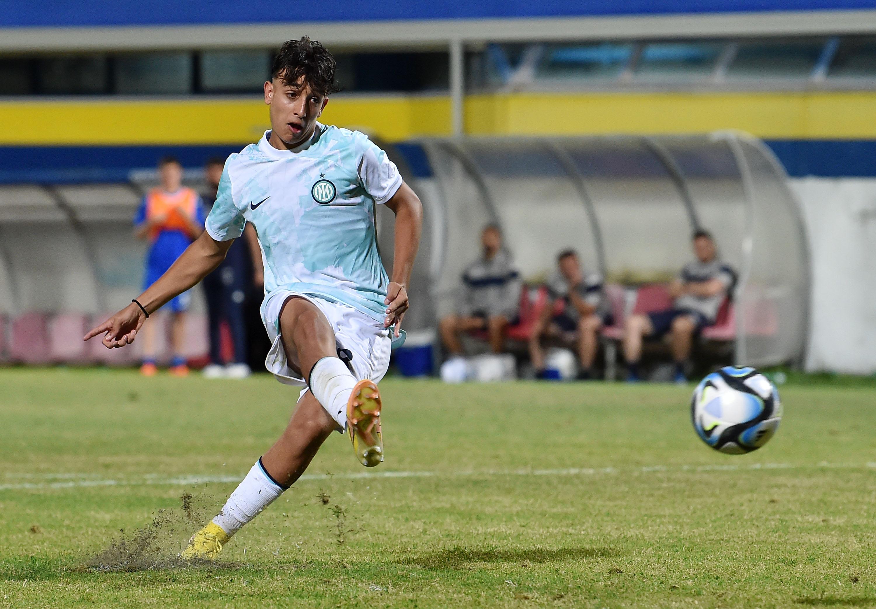 FERMO, ITALY - JUNE 24: Giovanni D'Agostino kicks the fifth penalty and scores the goal that gives the victory to FC Internazionale during the U15 Serie A e B Final between Empoli and FC Internazionale at Stadio Bruno Recchioni on June 24, 2023 in Fermo, Italy. (Photo by Giuseppe Bellini/Getty Images) *** Local Caption *** Giovanni D'Agostino