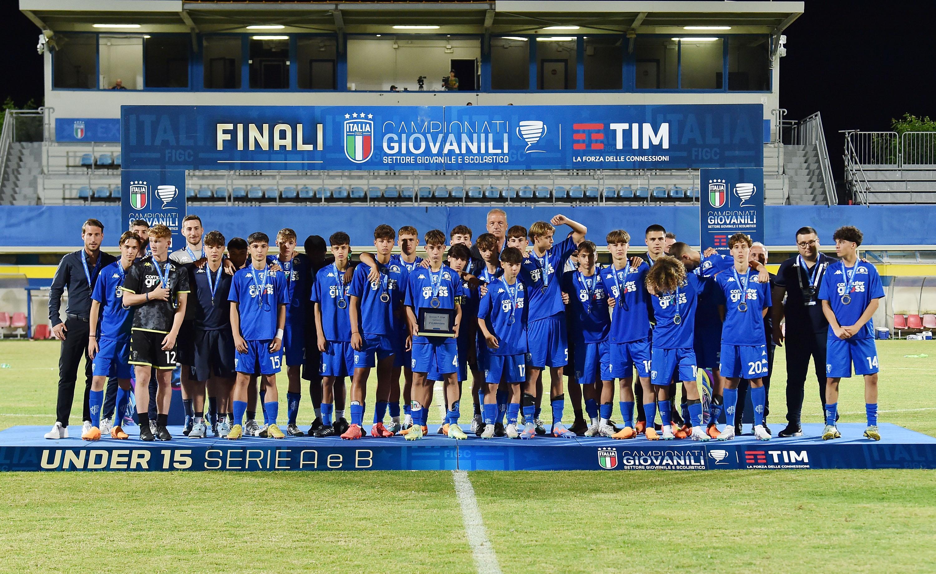 FERMO, ITALY - JUNE 24: Team of Empoli pose with their runners-up medals after the U15 Serie A e B Final between Empoli and FC Internazionale at Stadio Bruno Recchioni on June 24, 2023 in Fermo, Italy. (Photo by Giuseppe Bellini/Getty Images)