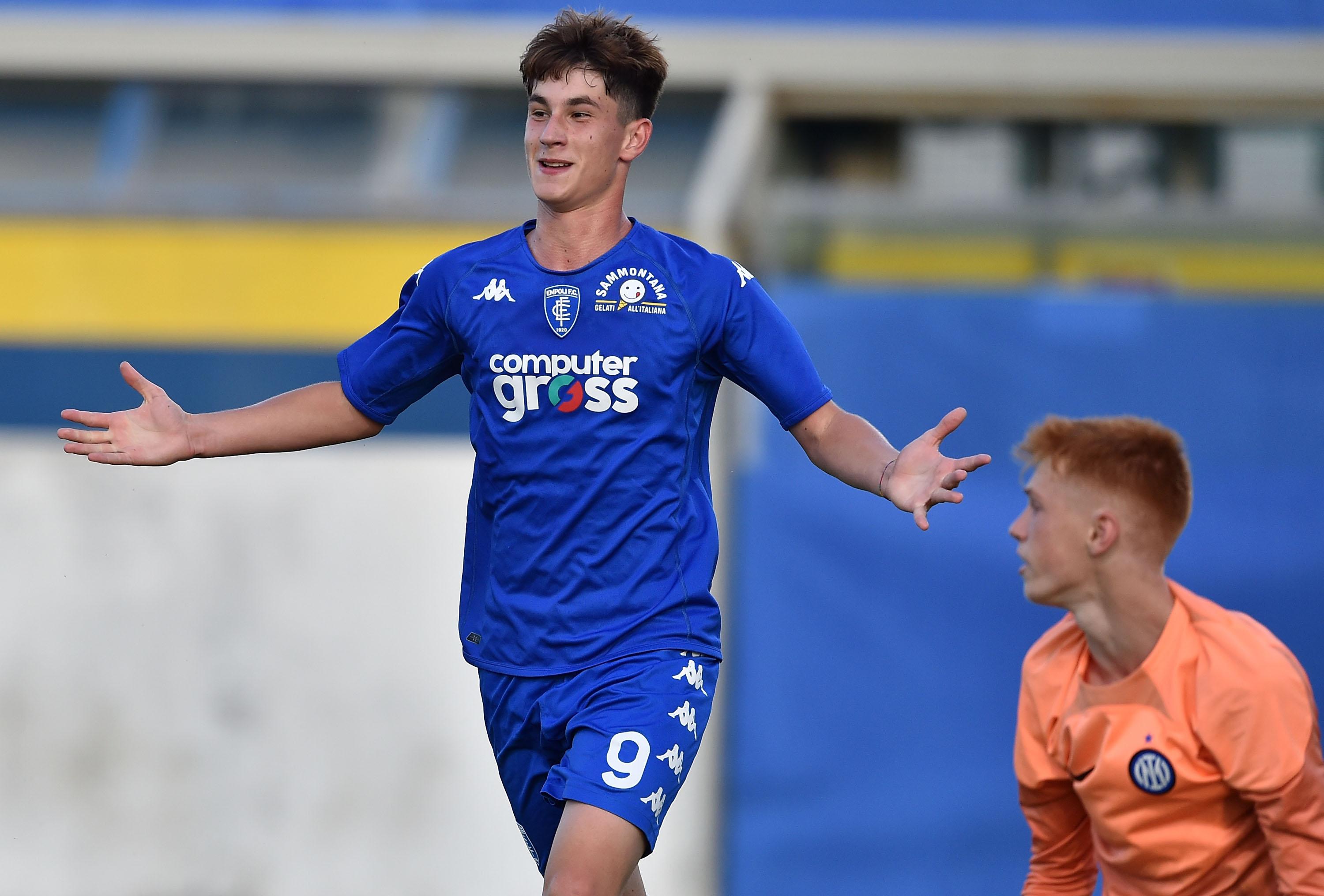 FERMO, ITALY - JUNE 24: Thomas Campaniello of Empoli celebrates after scoring goal 2-0 during the U15 Serie A e B Final between Empoli and FC Internazionale at Stadio Bruno Recchioni on June 24, 2023 in Fermo, Italy. (Photo by Giuseppe Bellini/Getty Images) *** Local Caption *** Thomas Campaniello