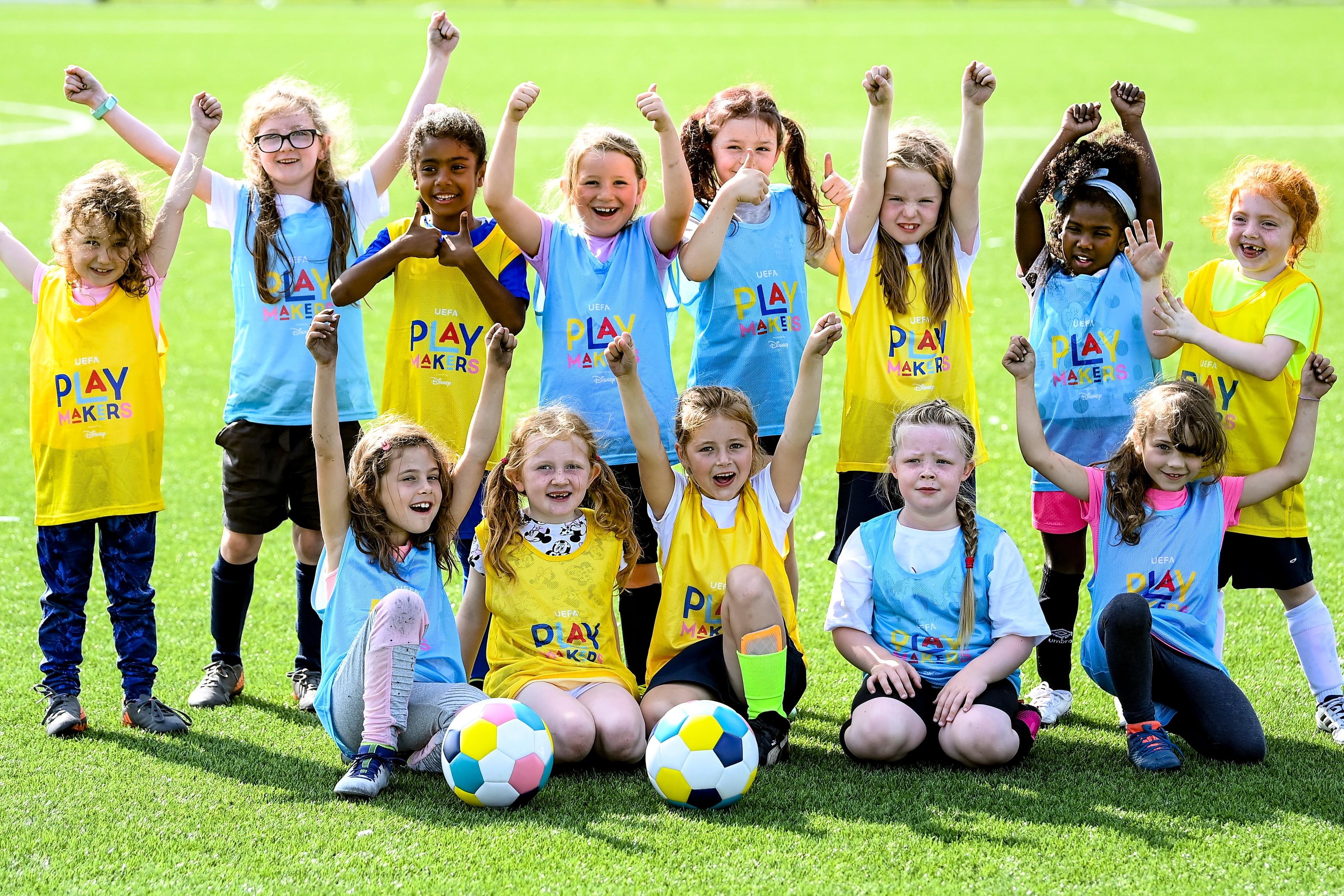 27 August 2021; Girls from St Mochtas FC at the launch of the Disney Playmakers football program at the FAI National Training Centre in Abbotstown, Dublin. Playmakers employs an innovative storytelling approach featuring much-loved Disney characters to help more girls see the fun in regular physical exercise and football. Girls across the Republic of Ireland are being encouraged to kickstart a lifelong love of football through a ground-breaking Playmakers football programme from UEFA and Disney.\\r\\n Photo by Stephen McCarthy/Sportsfile *** NO REPRODUCTION FEE ***