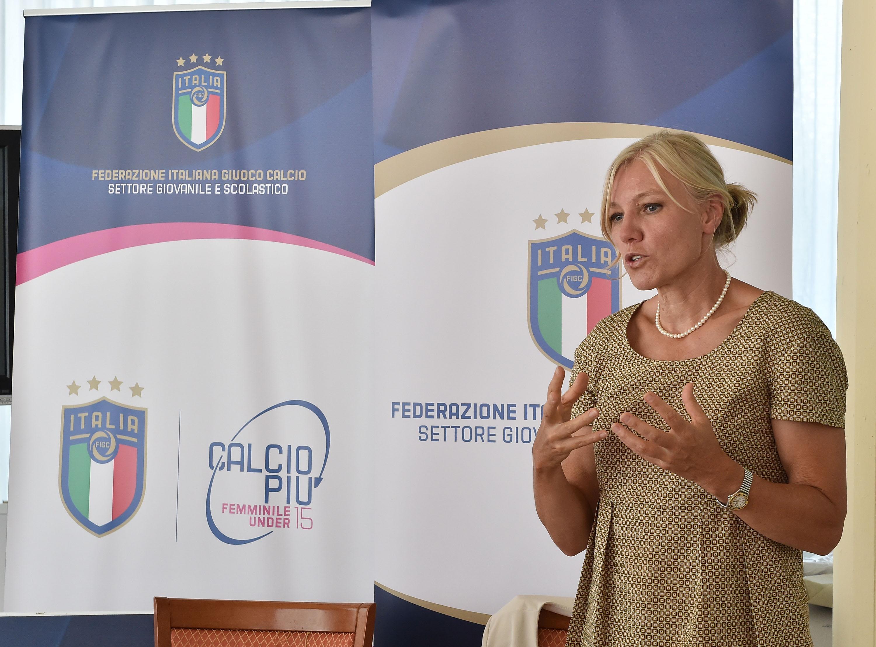 BAGNO DI ROMAGNA, ITALY - JULY 19: Josefa Idem talks with the players of Team Italy U15 Women during Italian Football Federation U15 Men & Women Stage on July 19, 2018 in Bagno di Romagna, Italy. (Photo by Giuseppe Bellini/Getty Images) *** Local Caption *** Josefa Idem