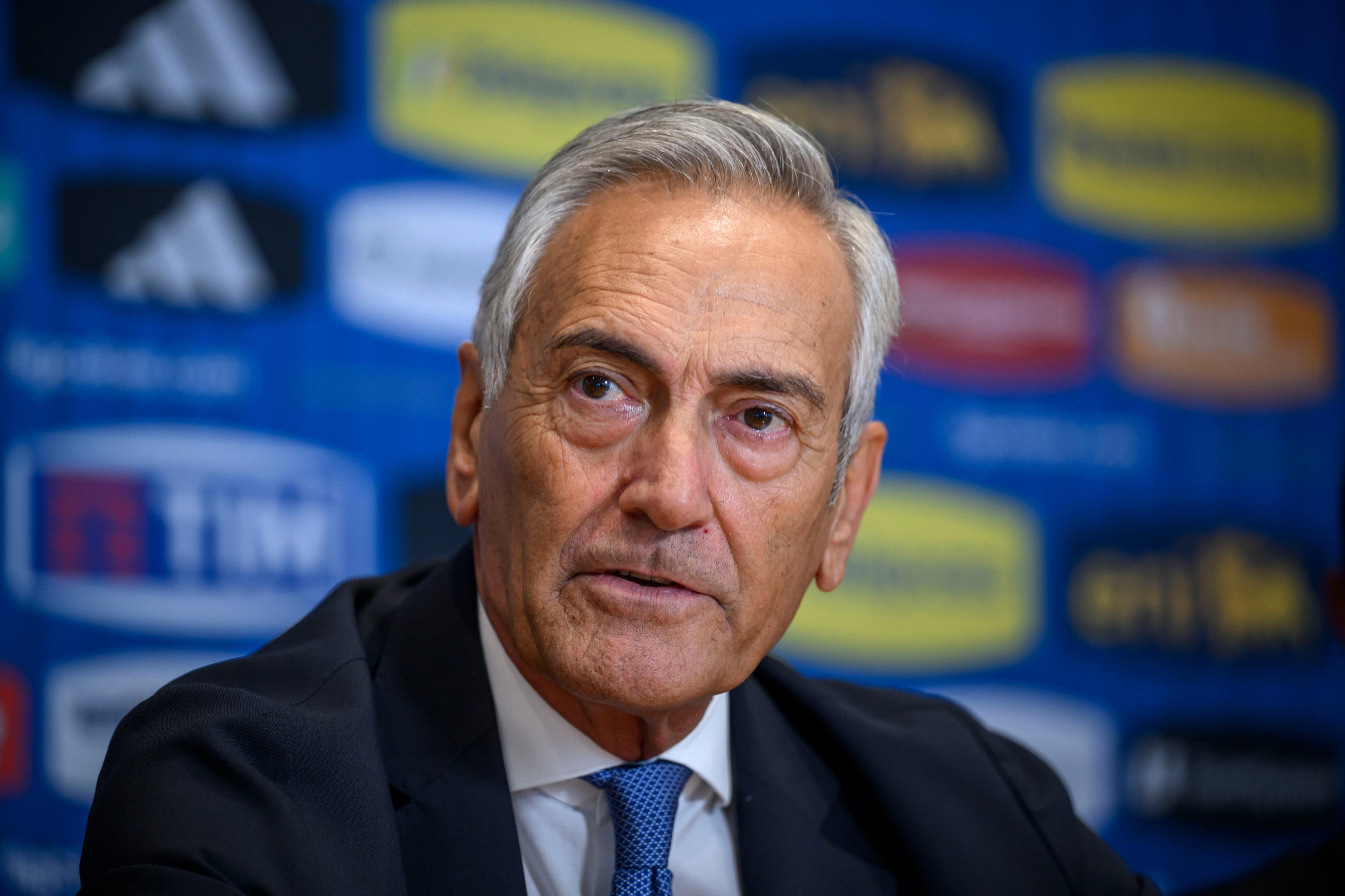 ROME, ITALY - SEPTEMBER 14: FIGC President Gabriele Gravina attends a press conference at FIGC headquarters, on September 14, 2023 in Rome, Italy. (Photo by Antonio Masiello/Getty Images)