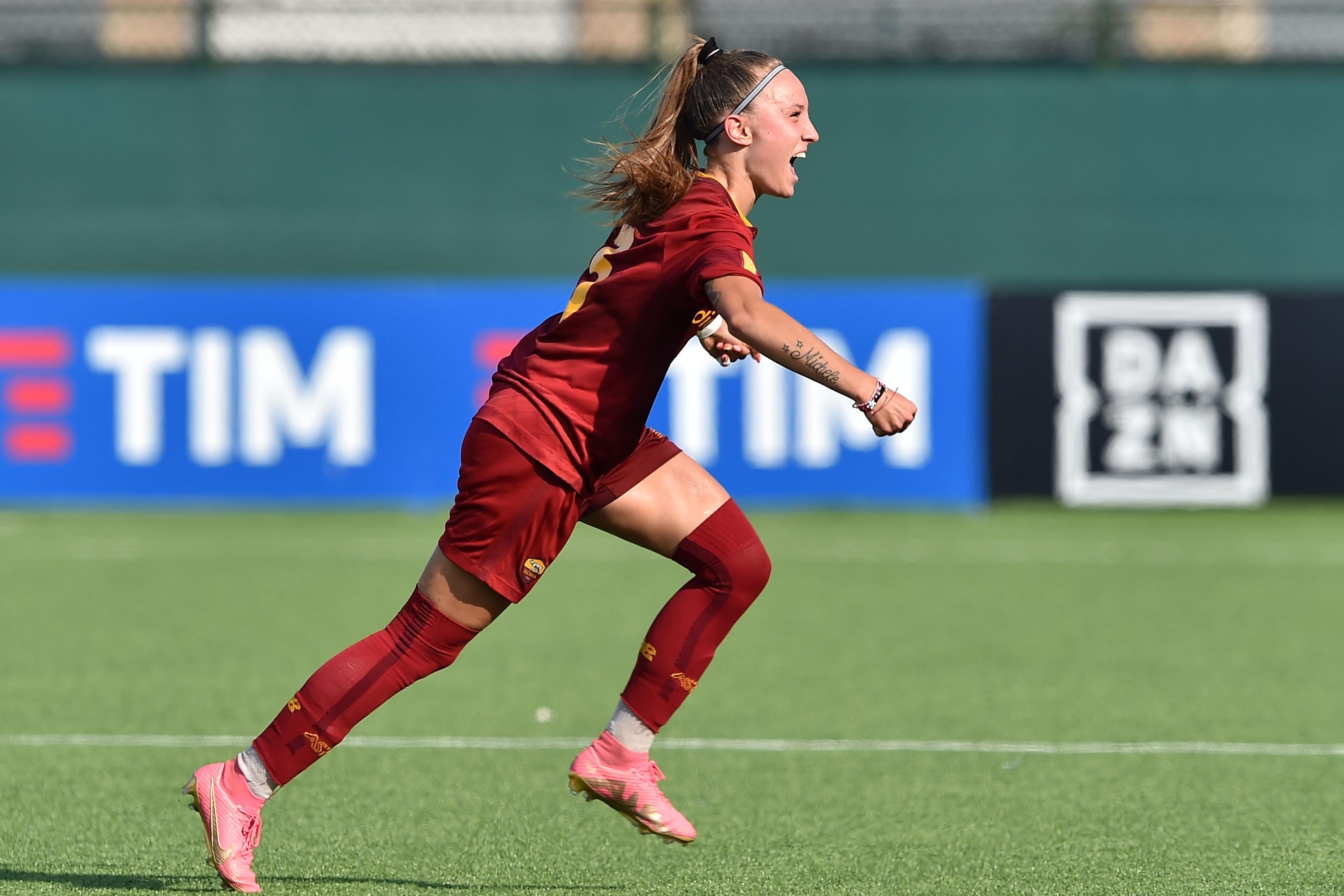 SENIGALLIA, ITALY - JUNE 27: Michela Fuzio of AS Roma celebrates after scoring opening goal during the Women U17 Final match between AS Roma and AC Milan at Stadio Goffredo Bianchelli on June 27, 2023 in Senigallia, Italy. (Photo by Giuseppe Bellini/Getty Images) *** Local Caption *** Michela Fuzio