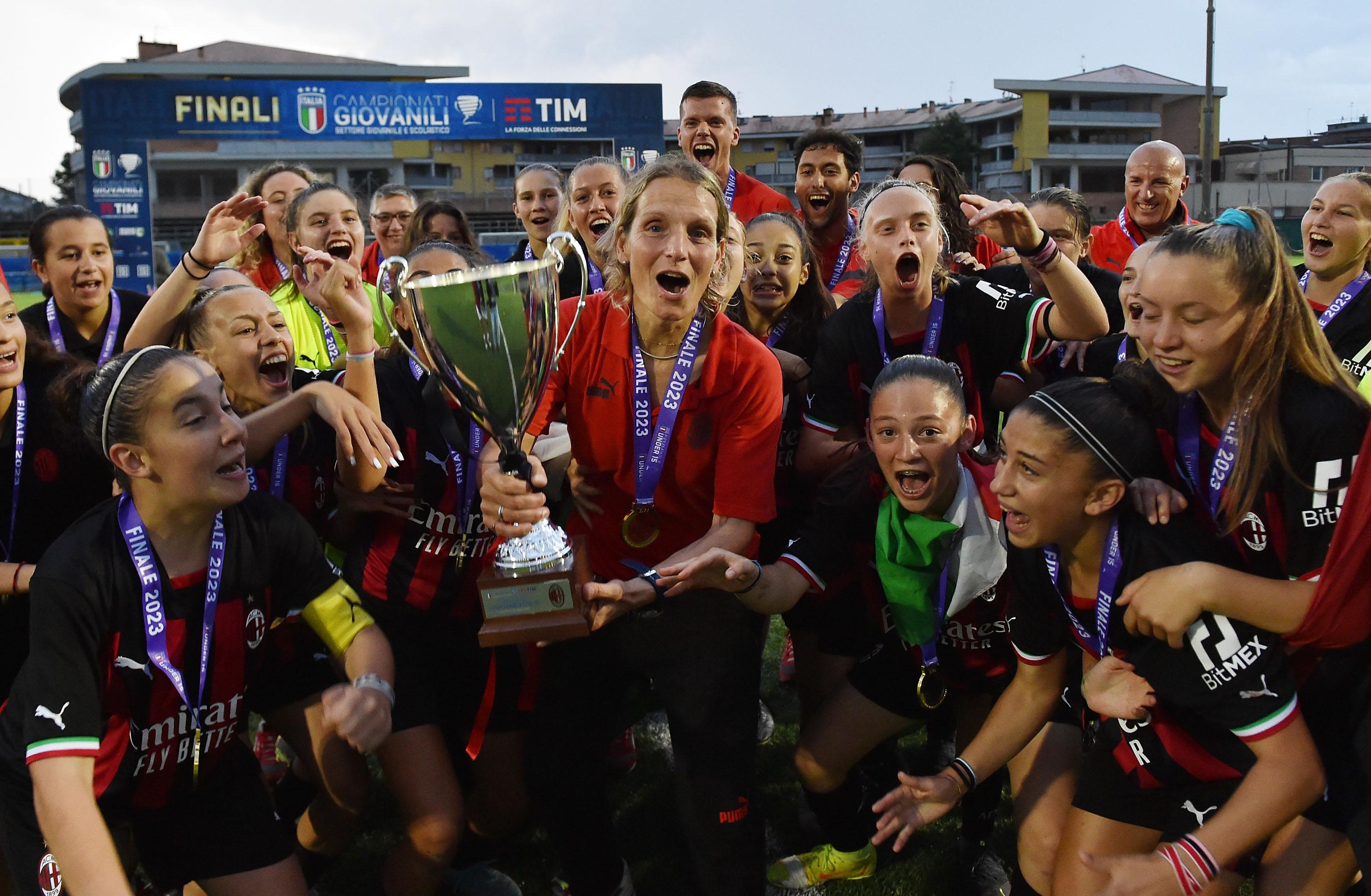 SENIGALLIA, ITALY - JUNE 30: Ilenia Prati head coach of AC Milan celebrates the victory after the Women U15 Final match between FC Internazionale and AC Milan at Stadio Goffredo Bianchelli on June 30, 2023 in Senigallia, Italy. (Photo by Giuseppe Bellini/Getty Images) *** Local Caption *** Ilenia Prati