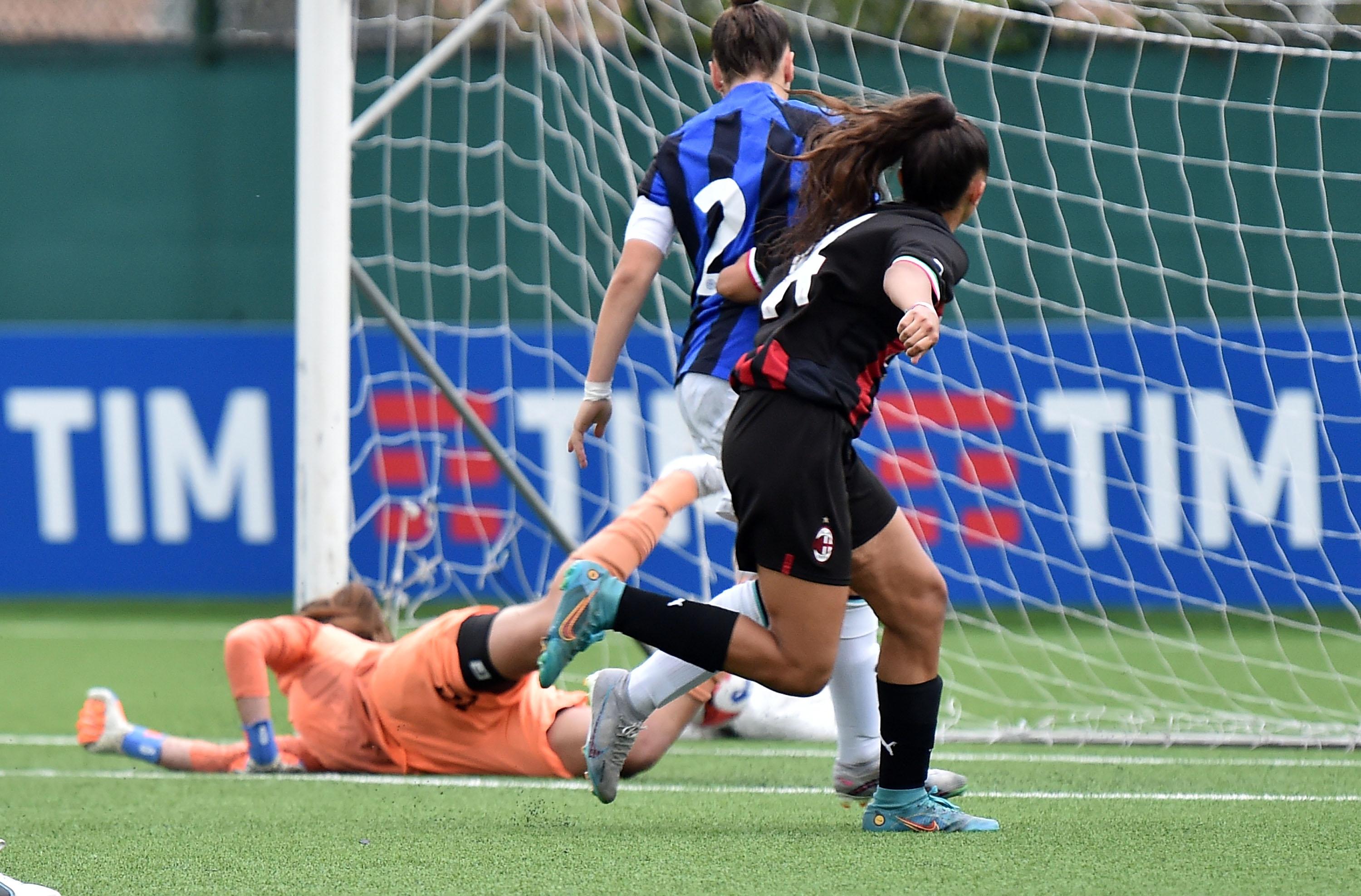 SENIGALLIA, ITALY - JUNE 30: Iris Di Falco of AC Milan scores opening goal during the Women U15 Final match between FC Internazionale and AC Milan at Stadio Goffredo Bianchelli on June 30, 2023 in Senigallia, Italy. (Photo by Giuseppe Bellini/Getty Images) *** Local Caption *** Iris Di Falco
