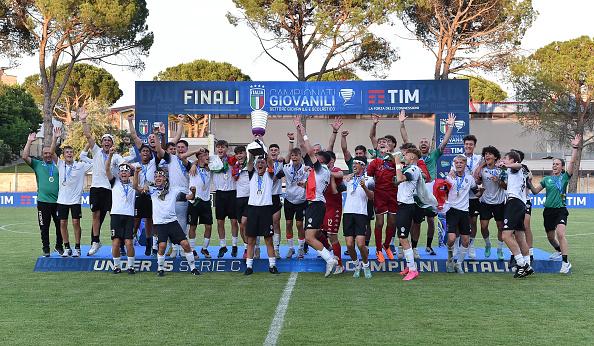 TOLENTINO, ITALY - JUNE 19: Team of Cesena celebrates the victory after the Serie C U15 Final match between Cesena and Juve Stabia on June 19, 2023 in Tolentino, Italy. (Photo by Giuseppe Bellini/Getty Images)