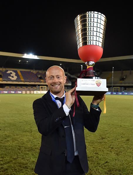 SAN BENEDETTO DEL TRONTO, ITALY - JUNE 26: Gianluca Falsini head coach of AS Roma celebrates the victory after the U16 Serie A e B Final match between Fiorentina and AS Roma at Stadio Riviera delle Palme on June 26, 2023 in San Benedetto del Tronto, Italy. (Photo by Giuseppe Bellini/Getty Images)