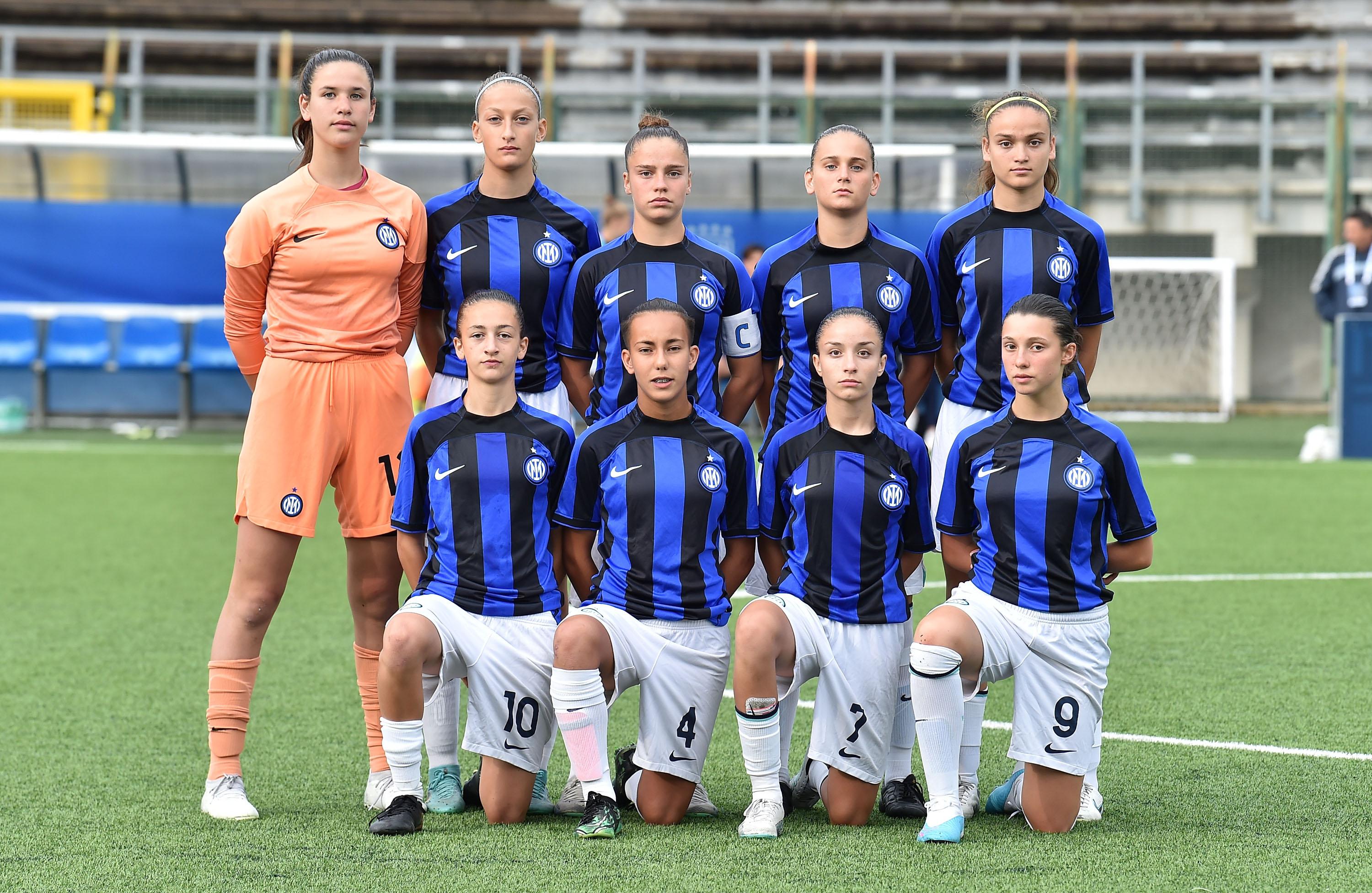 SENIGALLIA, ITALY - JUNE 30: Team of FC Interzionale prior the Women U15 Final match between FC Internazionale and AC Milan at Stadio Goffredo Bianchelli on June 30, 2023 in Senigallia, Italy. (Photo by Giuseppe Bellini/Getty Images)
