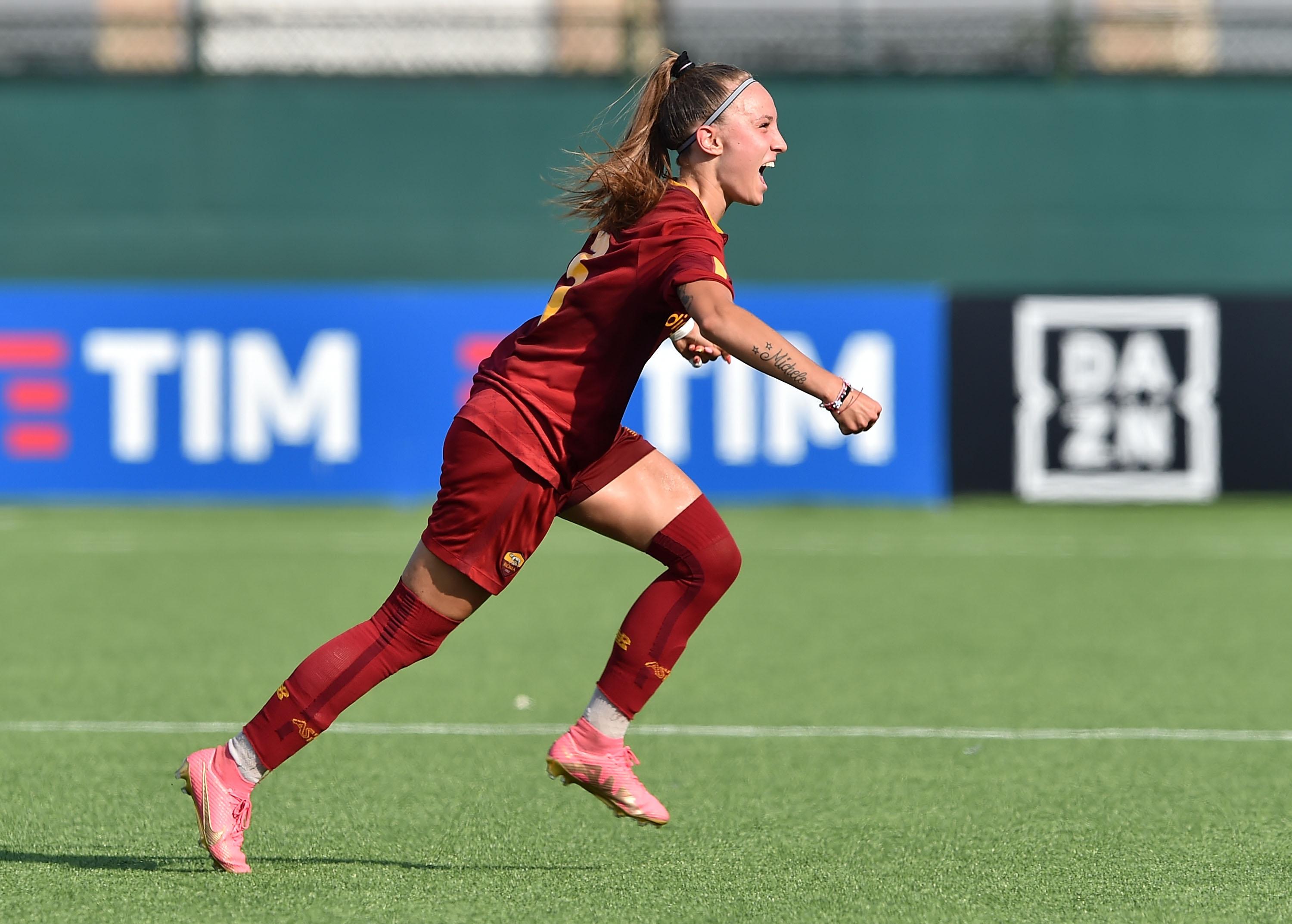 SENIGALLIA, ITALY - JUNE 27: Michela Fuzio of AS Roma celebrates after scoring opening goal during the Women U17 Final match between AS Roma and AC Milan at Stadio Goffredo Bianchelli on June 27, 2023 in Senigallia, Italy. (Photo by Giuseppe Bellini/Getty Images) *** Local Caption *** Michela Fuzio