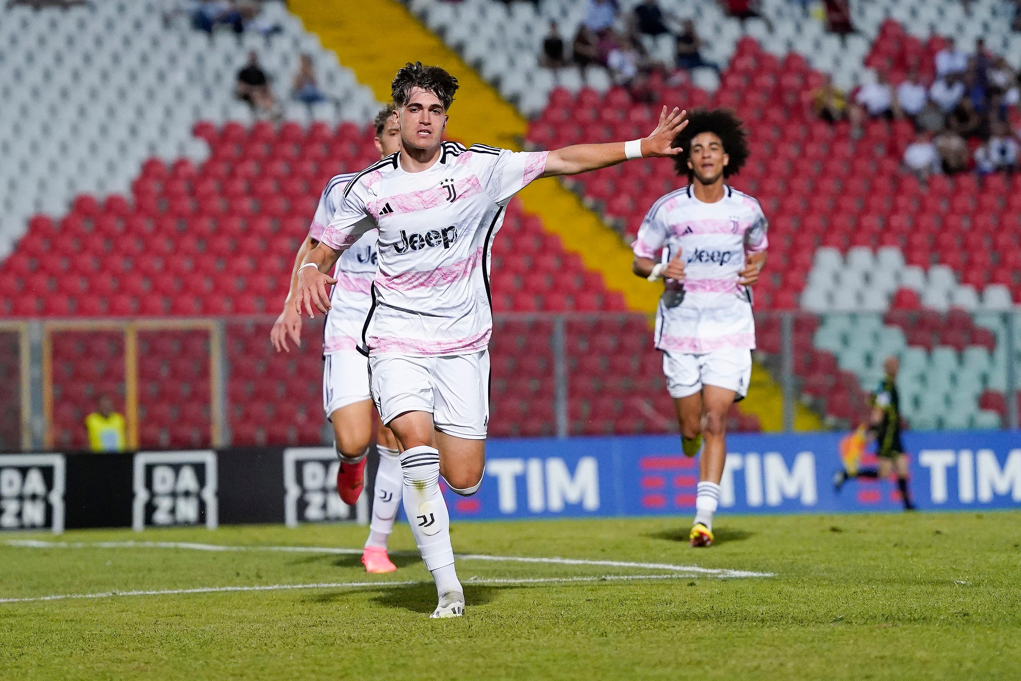 ANCONA, ITALY - JUNE 19: Francesco Leone of Juventus FC U17 celebrate after scoring a goal during the Serie A & B U17 Semi-final match between AS Roma and Juventus at Del Conero Stadium on June 19, 2024 in Ancona, Italy. (Photo by Danilo Di Giovanni/Getty Images)