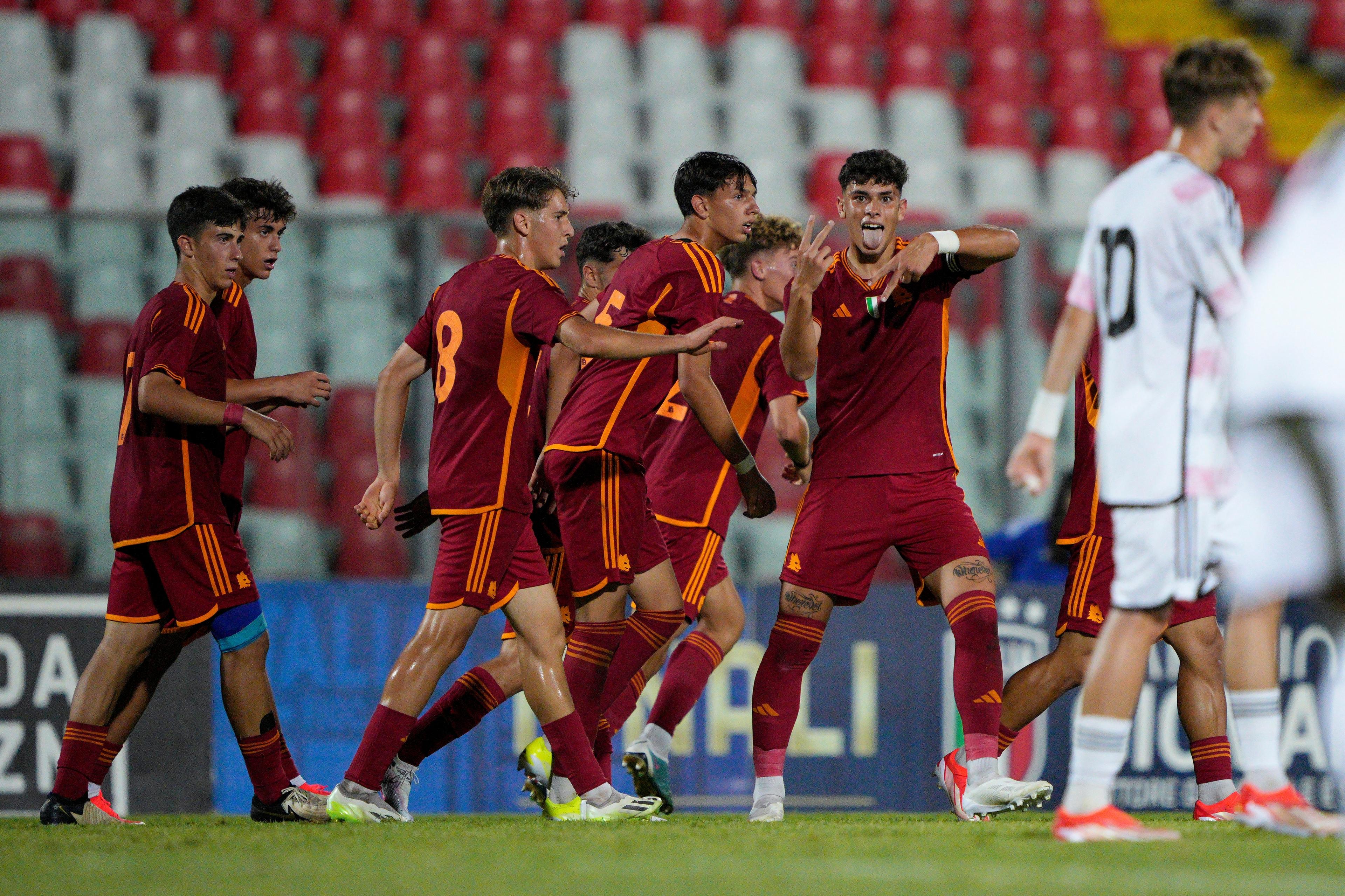 ANCONA, ITALY - JUNE 19: Federico Nardin of AS Roma U17 celebrate after scoring a goal during the Serie A & B U17 Semi-final match between AS Roma and Juventus at Del Conero Stadium on June 19, 2024 in Ancona, Italy. (Photo by Danilo Di Giovanni/Getty Images)