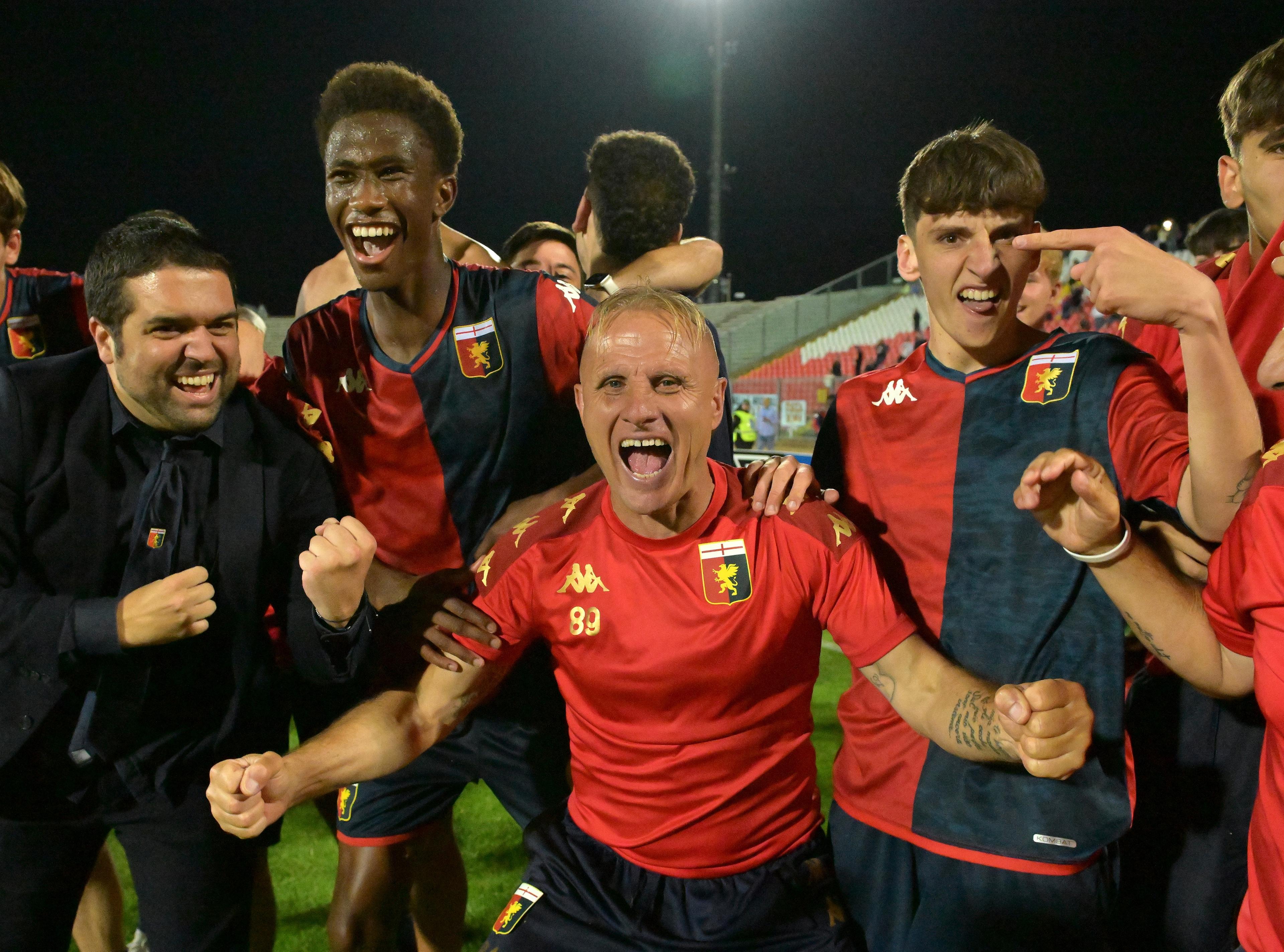 ANCONA, ITALY - JUNE 13 Gennaro Ruotolo head coach of Genoa CFC celebrates the victory after the U18 Final match between AS Roma and Genoa CFC at Del Conero Stadium on June 13, 2024 in Ancona, Italy. (Photo by Giuseppe Bellini/Getty Images)