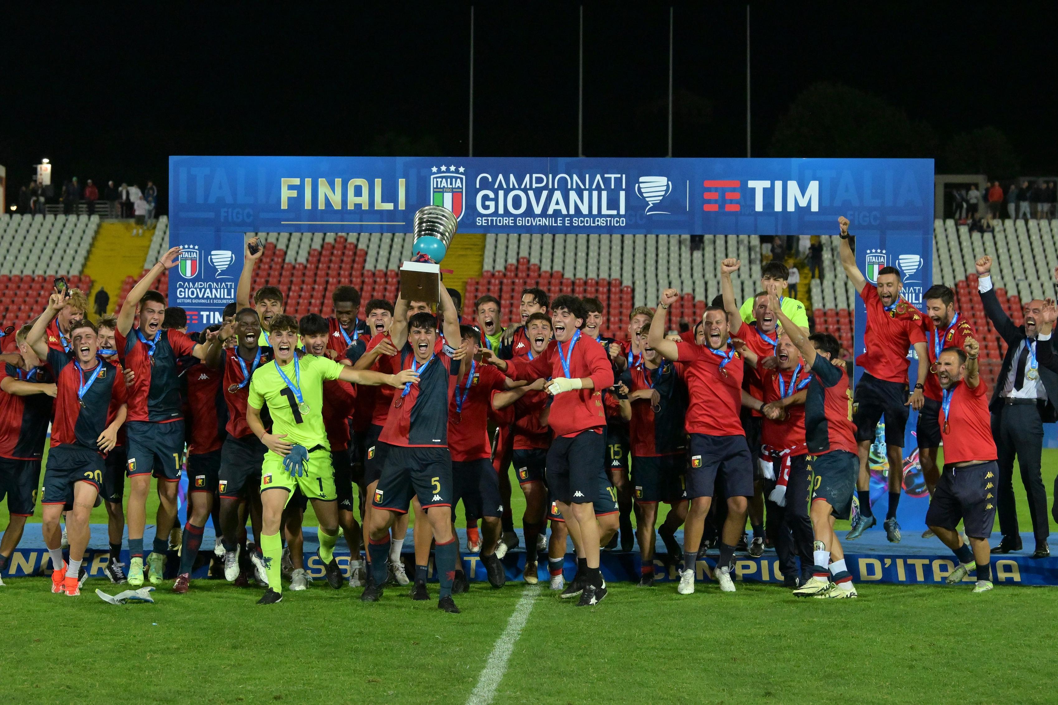 ANCONA, ITALY - JUNE 13 Players of Genoa CFC celebrate the victory after the U18 Final match between AS Roma and Genoa CFC at Del Conero Stadium on June 13, 2024 in Ancona, Italy. (Photo by Giuseppe Bellini/Getty Images)