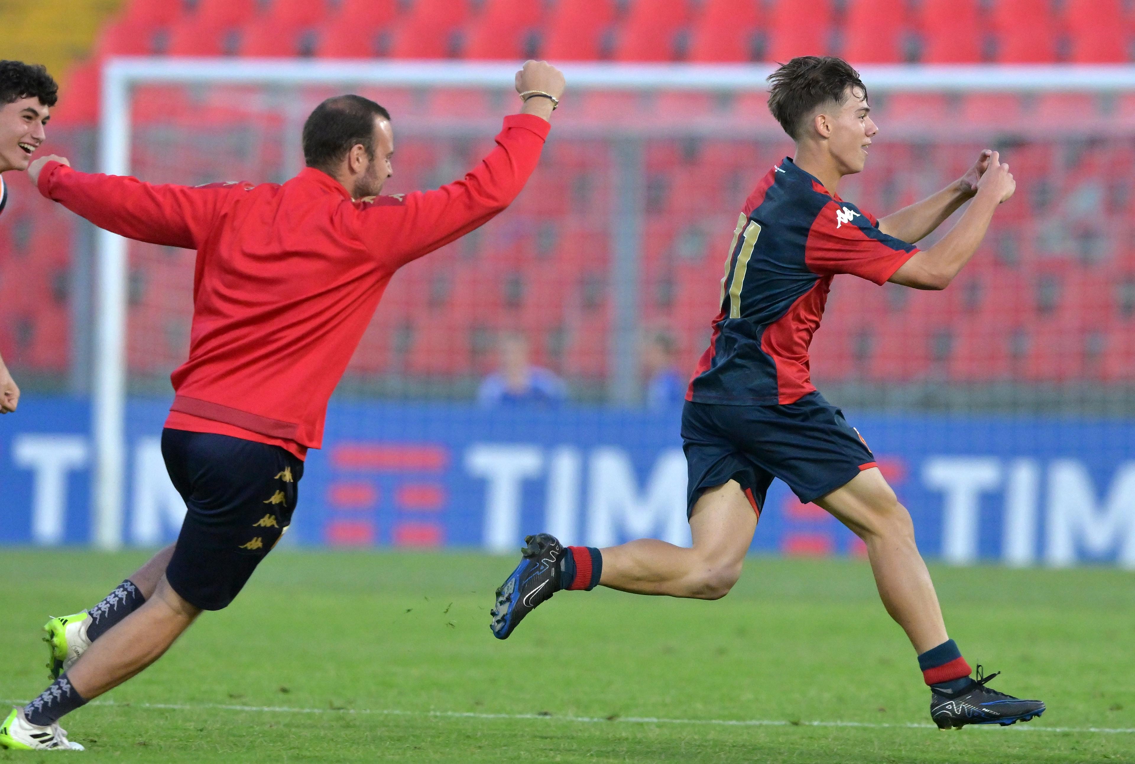 ANCONA, ITALY - JUNE 13 Lorenzo Venturino of Genoa CFC celebrates after scoring opening goal the U18 Final match between AS Roma and Genoa CFC at Del Conero Stadium on June 13, 2024 in Ancona, Italy. (Photo by Giuseppe Bellini/Getty Images)