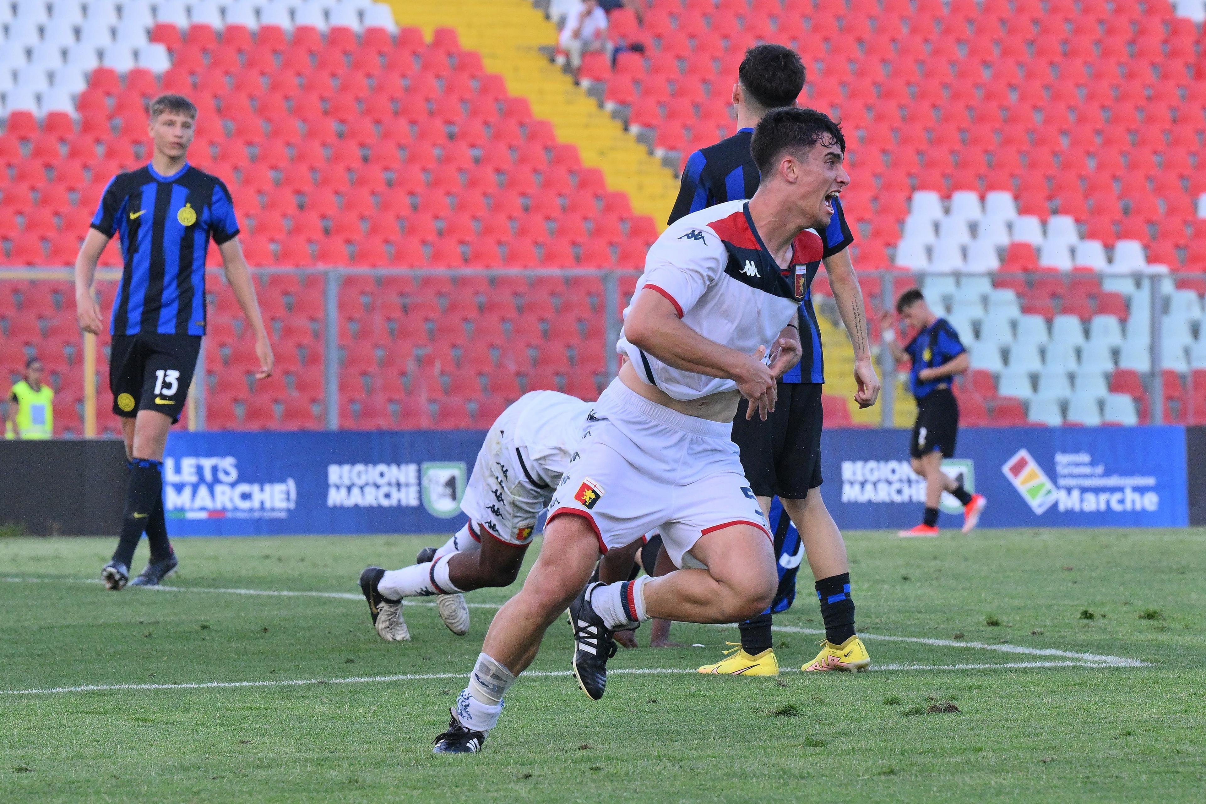 ANCONA, ITALY - JUNE 11: Stefano Arata of Genoa CFC U18 celebrate after scoring a goal during the U18 Semi-final match between FC Internazionale and Genoa CFC at Del Conero Stadium on June 11, 2024 in Ancona, Italy. (Photo by Danilo Di Giovanni/Getty Images)