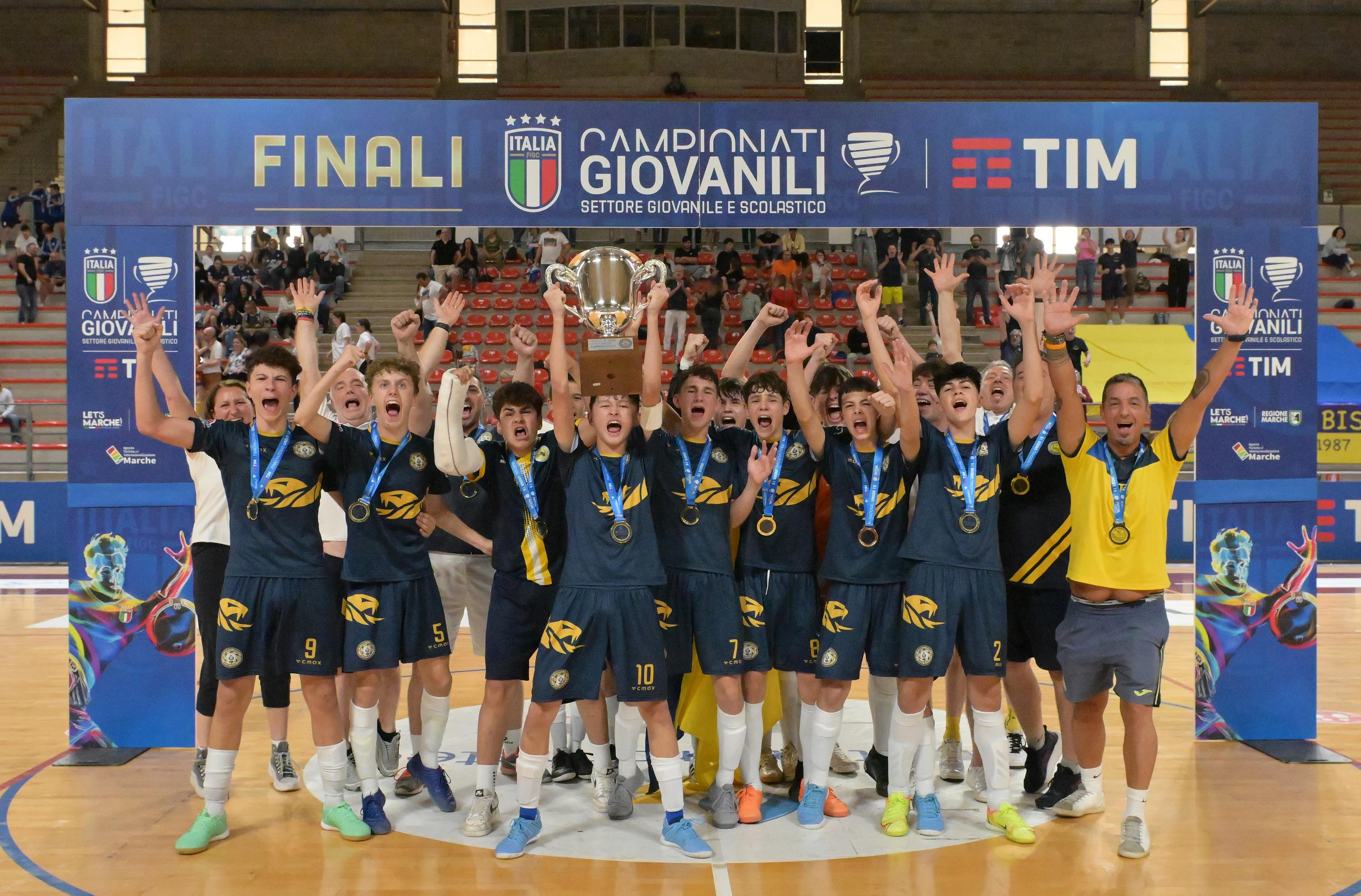 ANCONA, ITALY - JUNE 02: Players of Team Bissuola U15 celebrate the victory after FIGC SGS Under 15 & Under 17 Futsal Finals match betwween Bissuola U15 and Itria U15 at Pala Rossini on June 02, 2024 in Ancona, Italy. (Photo by Giuseppe Bellini/Getty Images)
