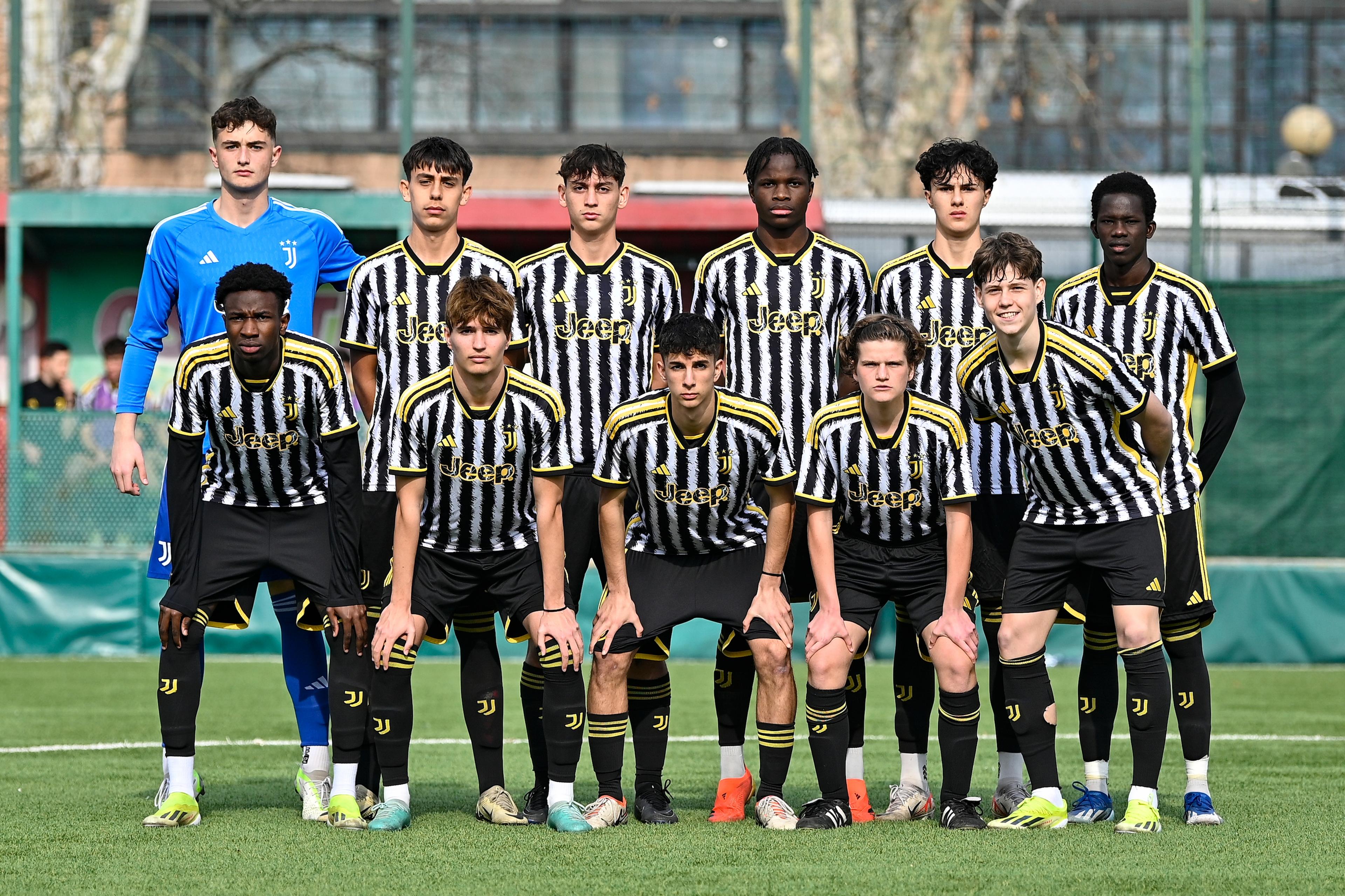 TURIN, ITALY - FEBRUARY 18: Juventus team line up during the match between Torino U16 and Juventus U16 at Cit Turin  on February 18, 2024 in Turin, Italy. (Photo by Diego Puletto/Juventus/Juventus FC via Getty Images)