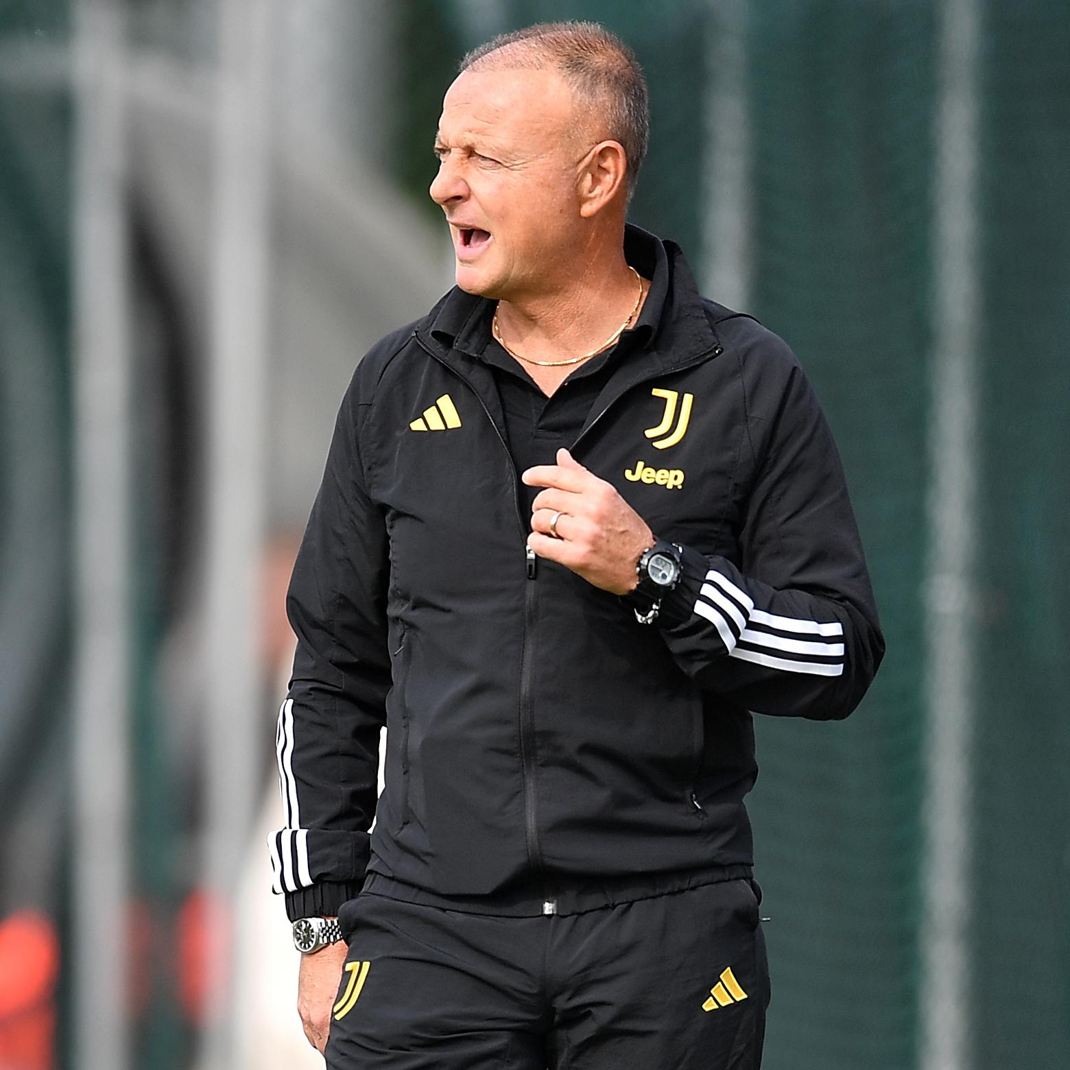 VINOVO, ITALY - OCTOBER 22: Juventus U15 head coach Marcello Benesperi reacts during the match between Juventus U15 and Torino U15 at Juventus Center Vinovo on October 22, 2023 in Vinovo, Italy. (Photo by Valerio Pennicino - Juventus FC/Juventus FC via Getty Images) *** Local Caption *** Marcello Benesperi