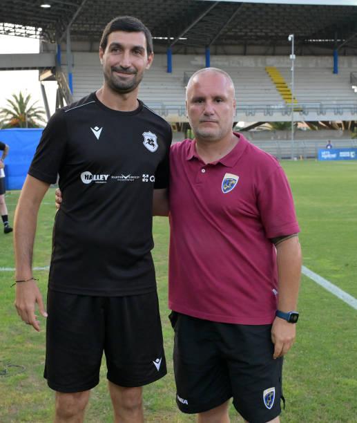SAN BENEDETTO DEL TRONTO, ITALY - JUNE 18: Lorenzo Bilo' head coach of Ancona and Giovanni Cristiano head coac of Renate prior the U17 Serie C Final match between Ancona and Renate at Stadio Riviera delle Palme on June 18, 2024 in San Benedetto del Tronto, Italy. (Photo by Giuseppe Bellini/Getty Images)