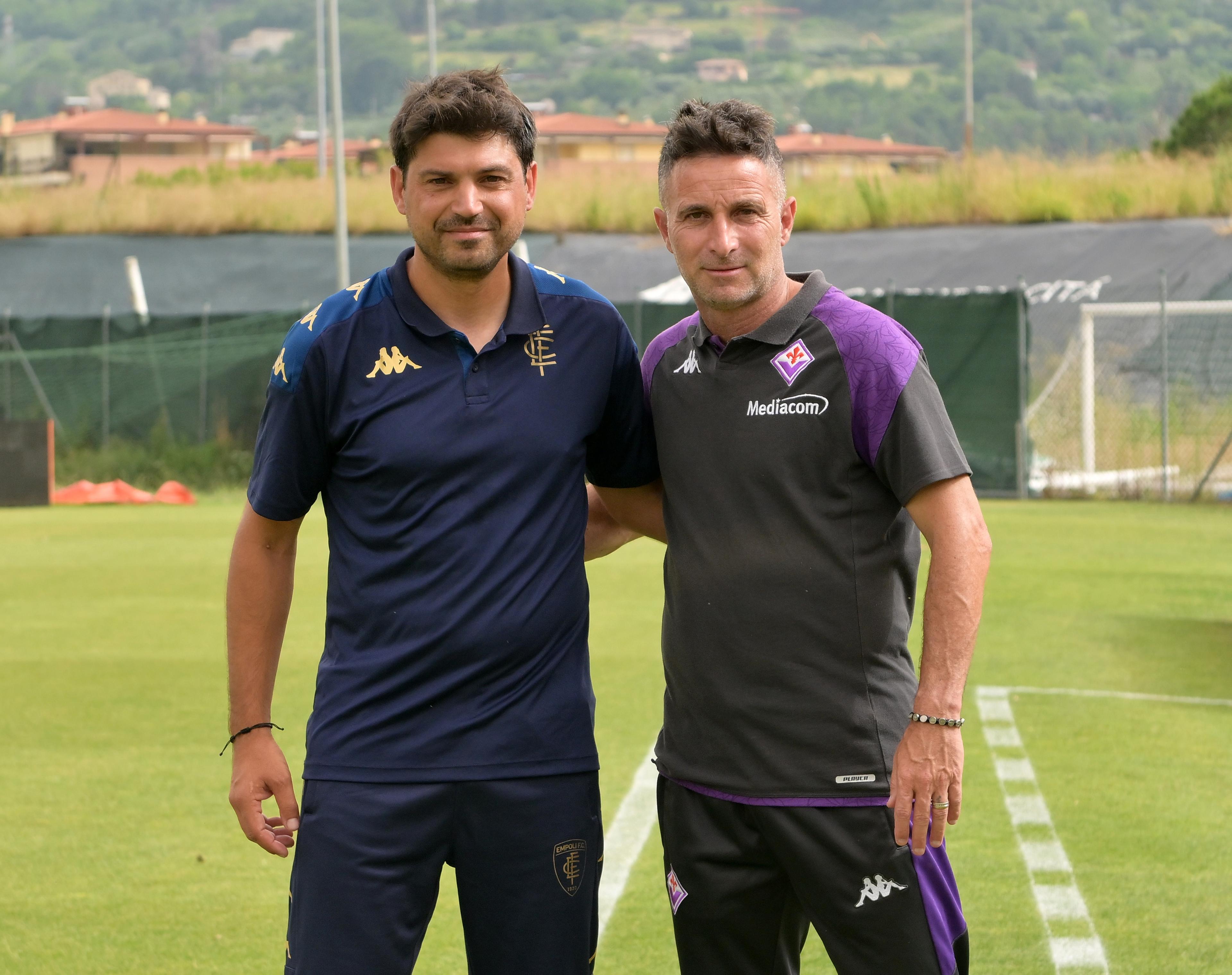 ASCOLI PICENO, ITALY - JUNE 19: Francesco Carotenuto head coach of Empoli FC and Marco Capparella head coach of ACF Fiorentina prior the Serie A & B U17 Semi-final match between ACF Fiorentina and Empoli FC at Stadio Cino e Lillo Del Duca on June 19, 2024 in Ascoli Piceno, Italy. (Photo by Giuseppe Bellini/Getty Images)