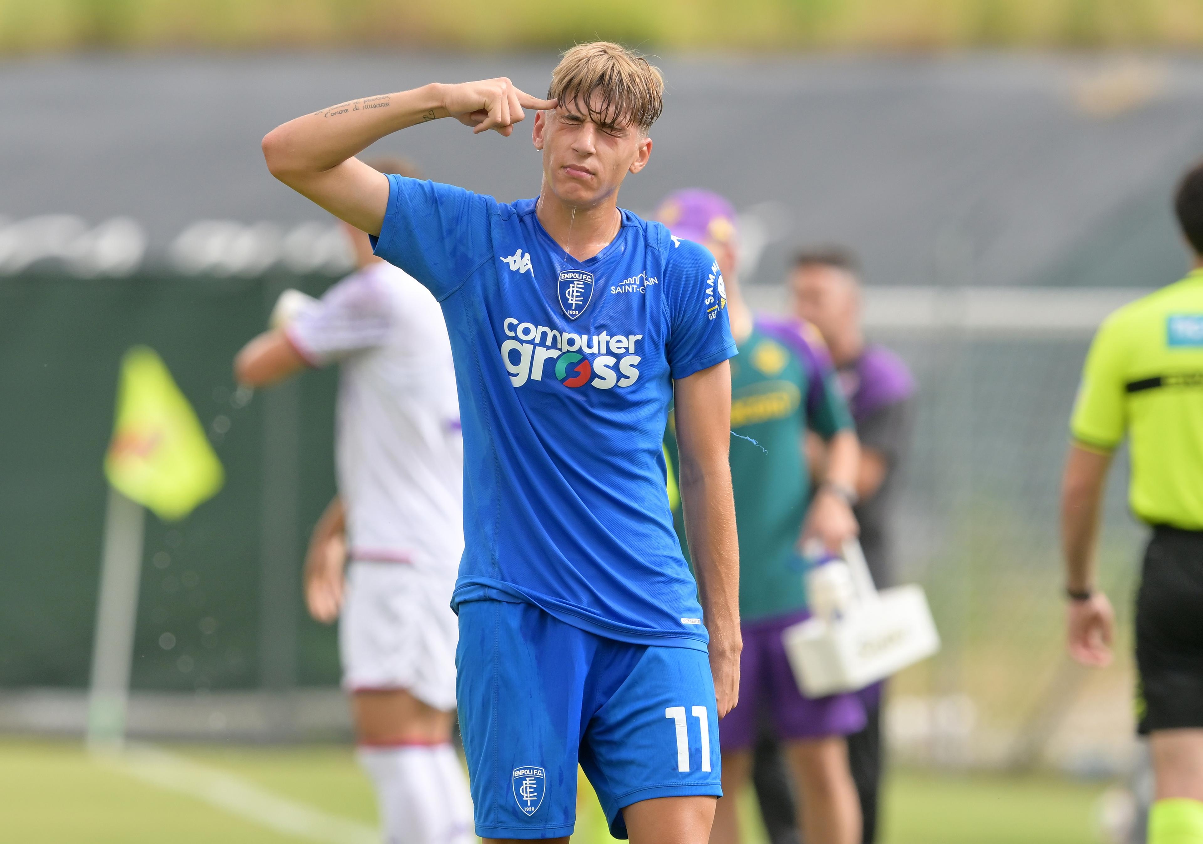 ASCOLI PICENO, ITALY - JUNE 19: Salvatore Monaco of Empoli FC celebrates after scoring opening goal during the Serie A & B U17 Semi-final match between ACF Fiorentina and Empoli FC at Stadio Cino e Lillo Del Duca on June 19, 2024 in Ascoli Piceno, Italy. (Photo by Giuseppe Bellini/Getty Images)