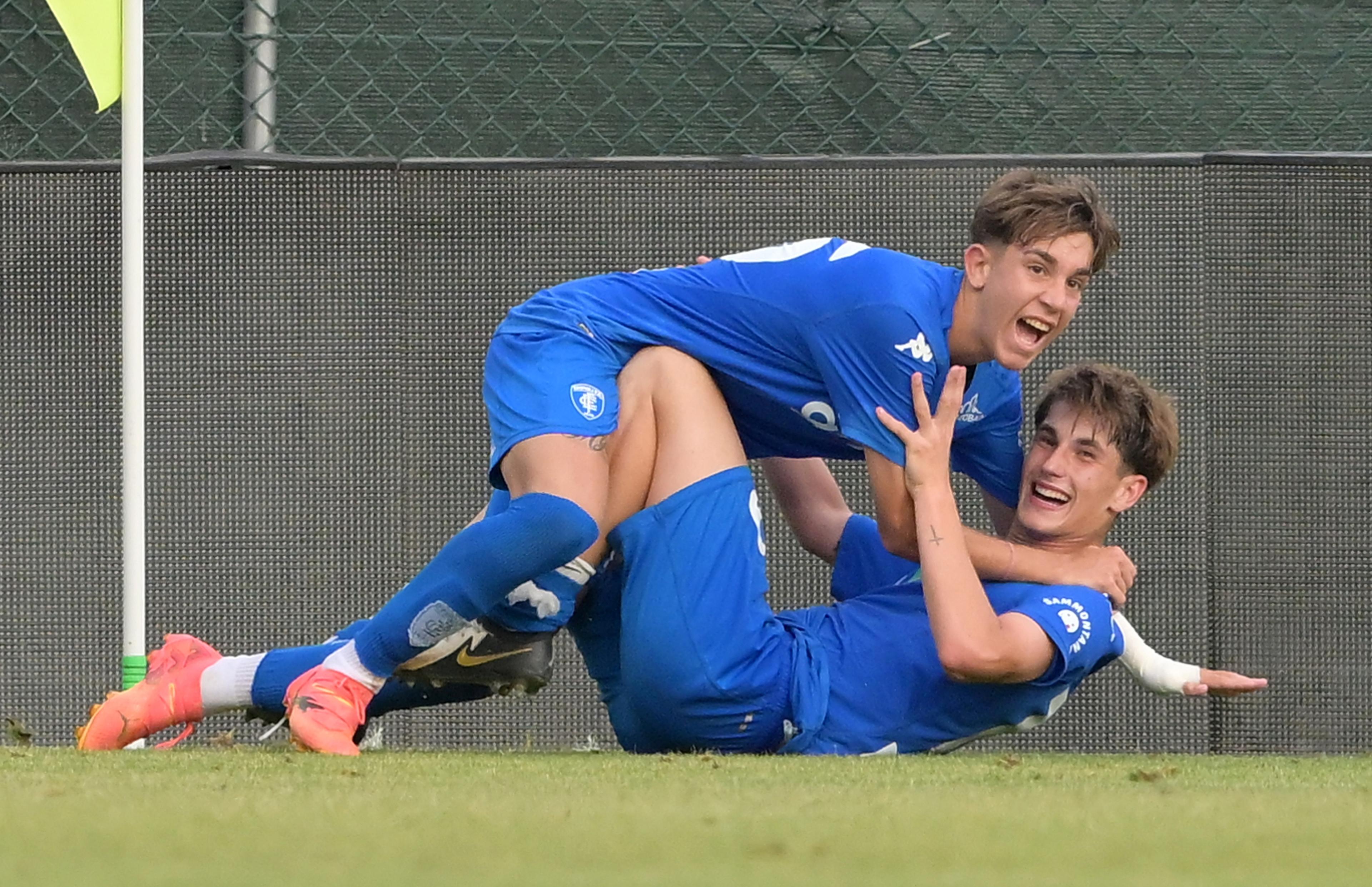 ASCOLI PICENO, ITALY - JUNE 19: Thomas Campaniello of Empoli FC celebrates after scoring goal 1-3 during the Serie A & B U17 Semi-final match between ACF Fiorentina and Empoli FC at Stadio Cino e Lillo Del Duca on June 19, 2024 in Ascoli Piceno, Italy. (Photo by Giuseppe Bellini/Getty Images)