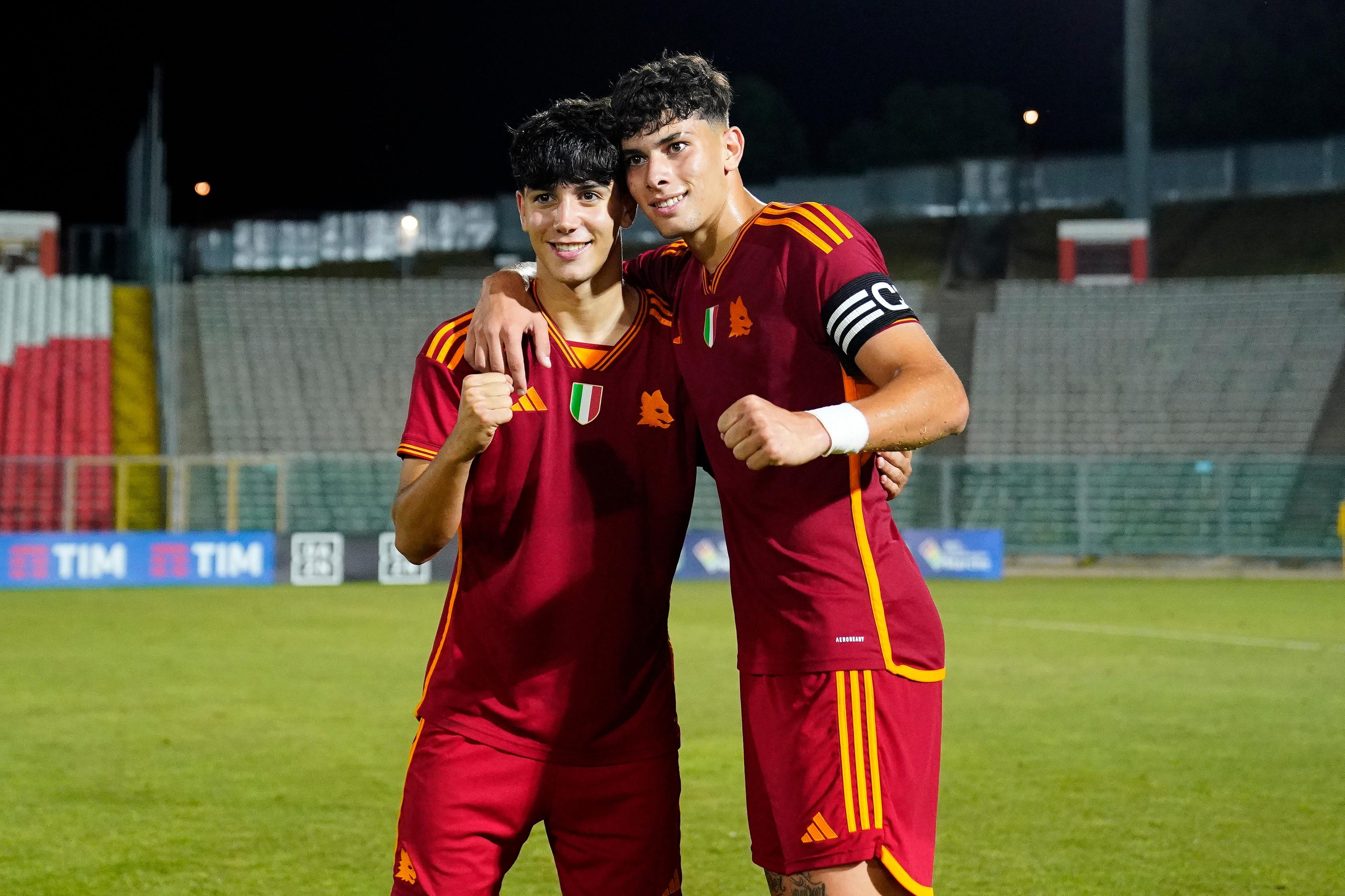ANCONA, ITALY - JUNE 19: Cristian Cama of AS Roma U17 (L) and Federico Nardin of AS Roma U17celebrate the victory of the Serie A & B U17 Semi-final match between AS Roma and Juventus at Del Conero Stadium on June 19, 2024 in Ancona, Italy. (Photo by Danilo Di Giovanni/Getty Images)