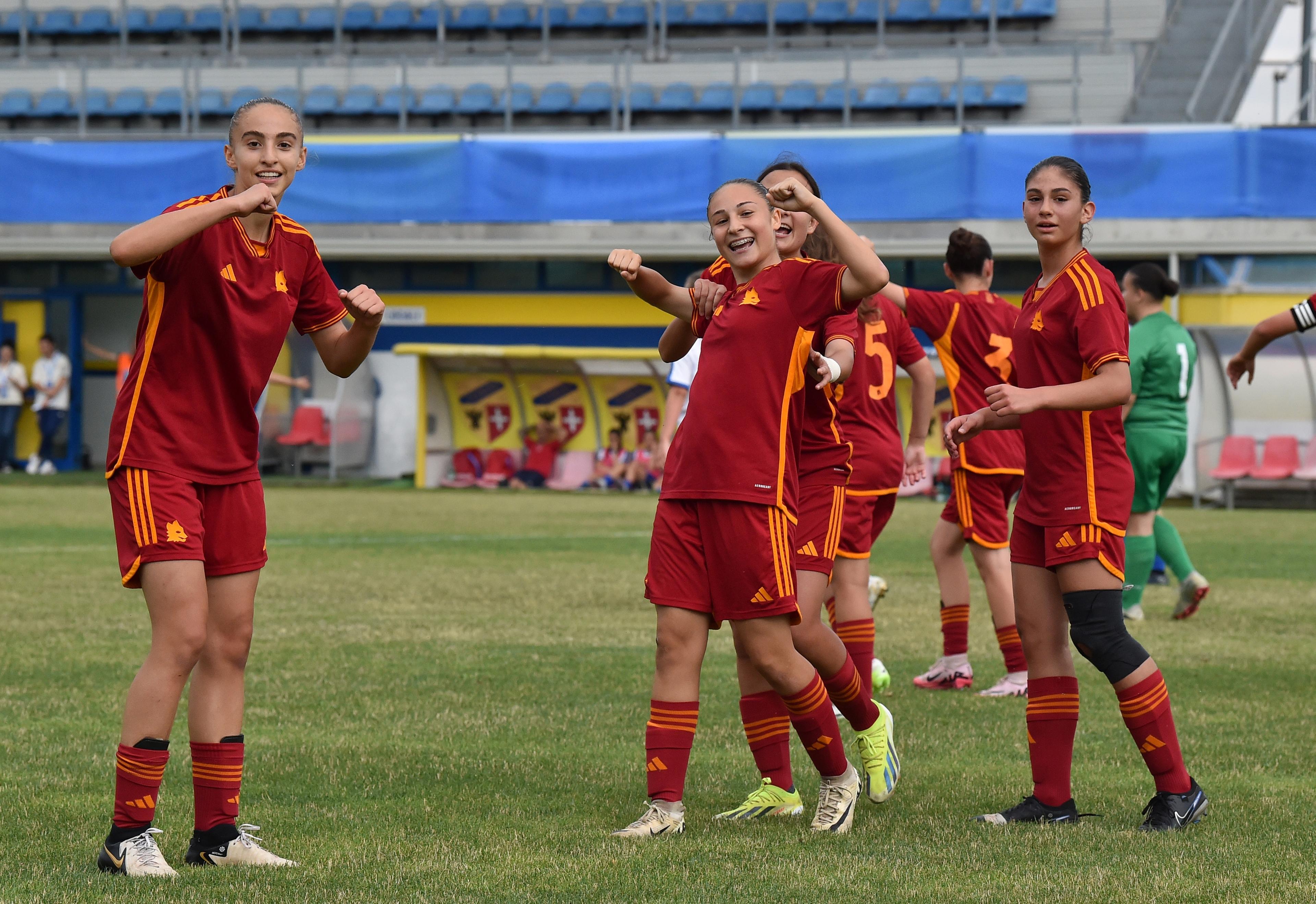 FERMO, ITALY - JUNE 25: Ludovica Pietrantoni of AS Roma celebrates after scoring goal 0-3 during the U15 Women Semi-final match between Pro Sesto and AS Roma at Stadio Bruno Recchioni on June 25, 2024 in Fermo, Italy. (Photo by Giuseppe Bellini/Getty Images)