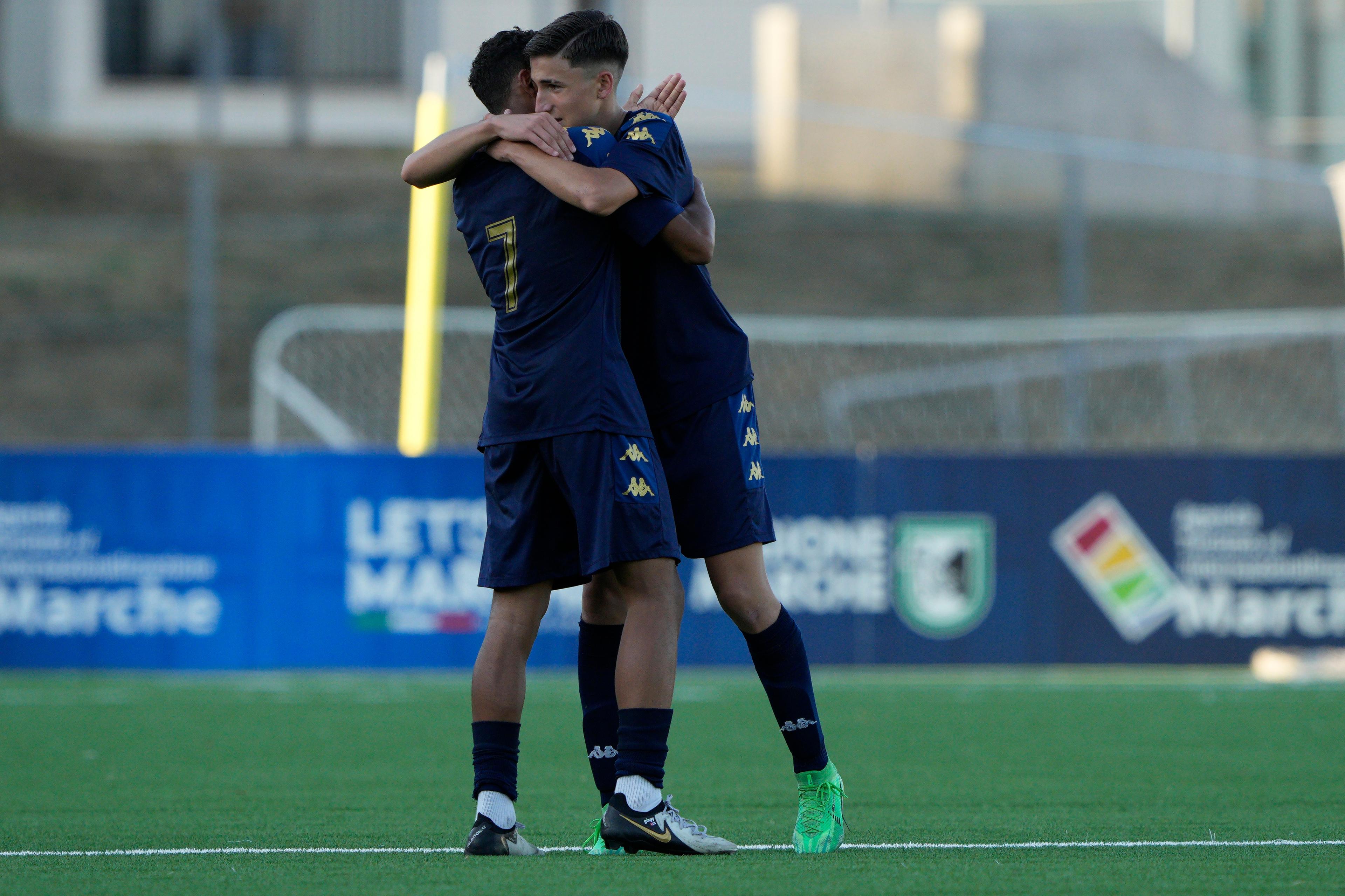 RECANATI, ITALY - JUNE 28: Davide Pugliatti of Tor Tre Teste U15 celebrate after scoring a goal during the U15 Amateurs Final match between Alcione and Tor Tre Teste on June 28, 2024 in Recanati, Italy. (Photo by Danilo Di Giovanni/Getty Images)