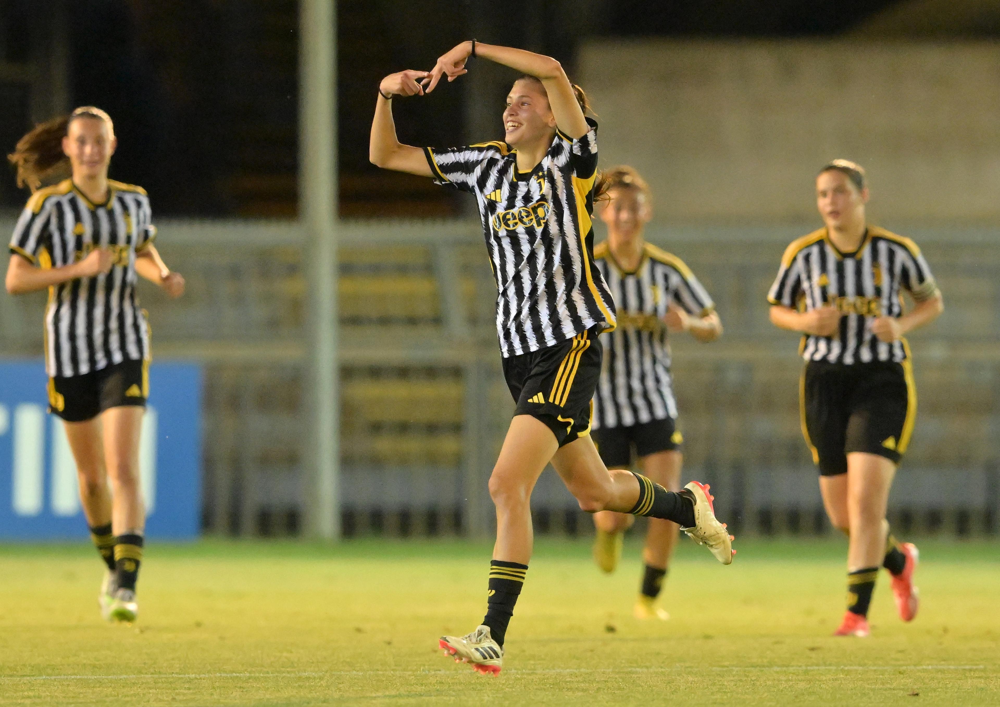 SAN BENEDETTO DEL TRONTO, ITALY - JUNE 28: Carolina Bertora of Juventus celebrates after scoring goal 0-3 during the U17 Women Semi-final match between Arezzo and Juventus at Stadio Riviera delle Palme on June 28, 2024 in San Benedetto del Tronto, Italy. (Photo by Giuseppe Bellini/Getty Images)