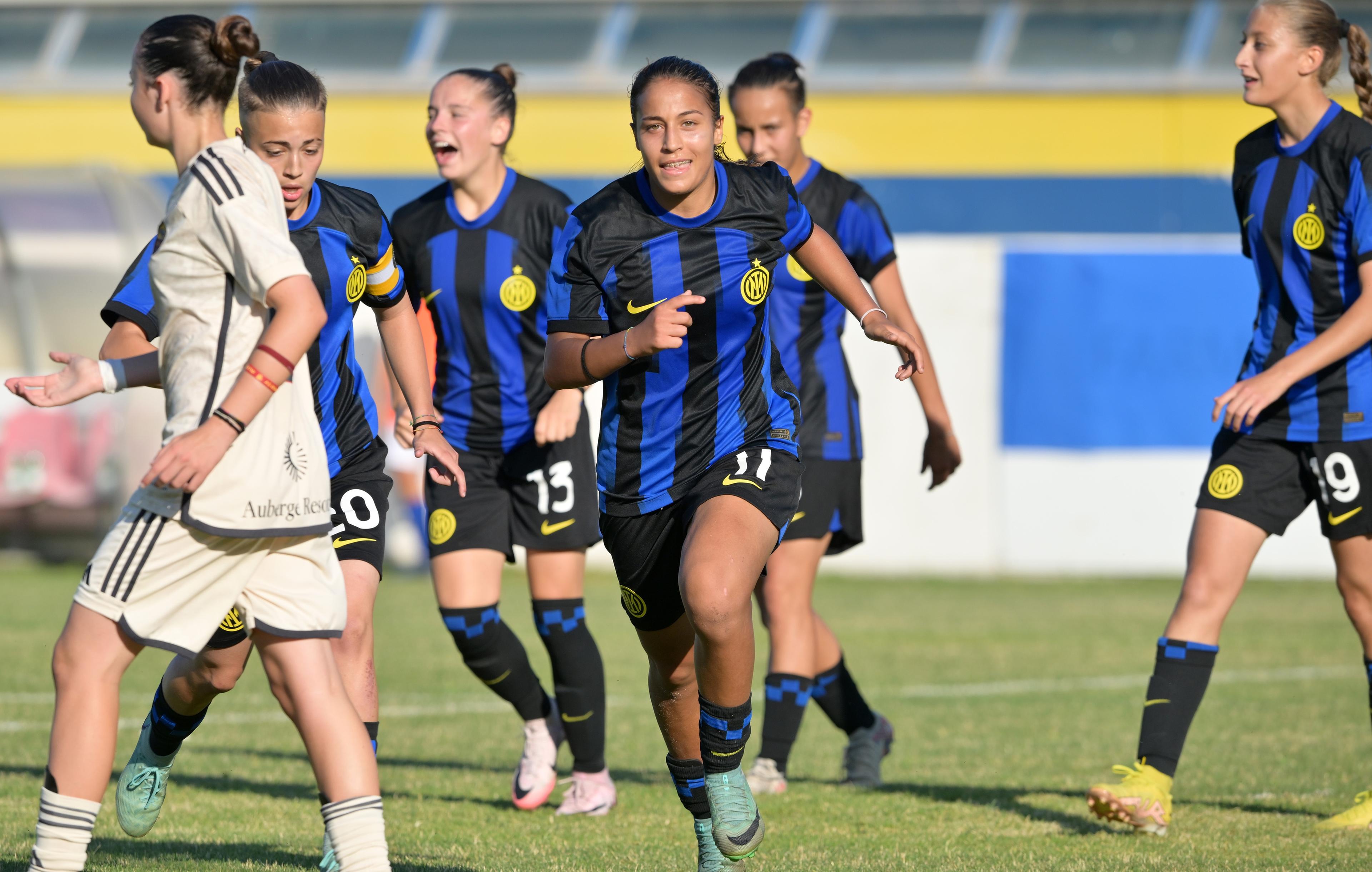 FERMO, ITALY - JUNE 28: Martina Romanelli of FC Internazionale celebrates after scoring goal 5-0 during the U17 Women Semi-final match between FC Internazionale and AS Roma at Stadio Bruno Recchioni on June 28, 2024 in Fermo, Italy. (Photo by Giuseppe Bellini/Getty Images)