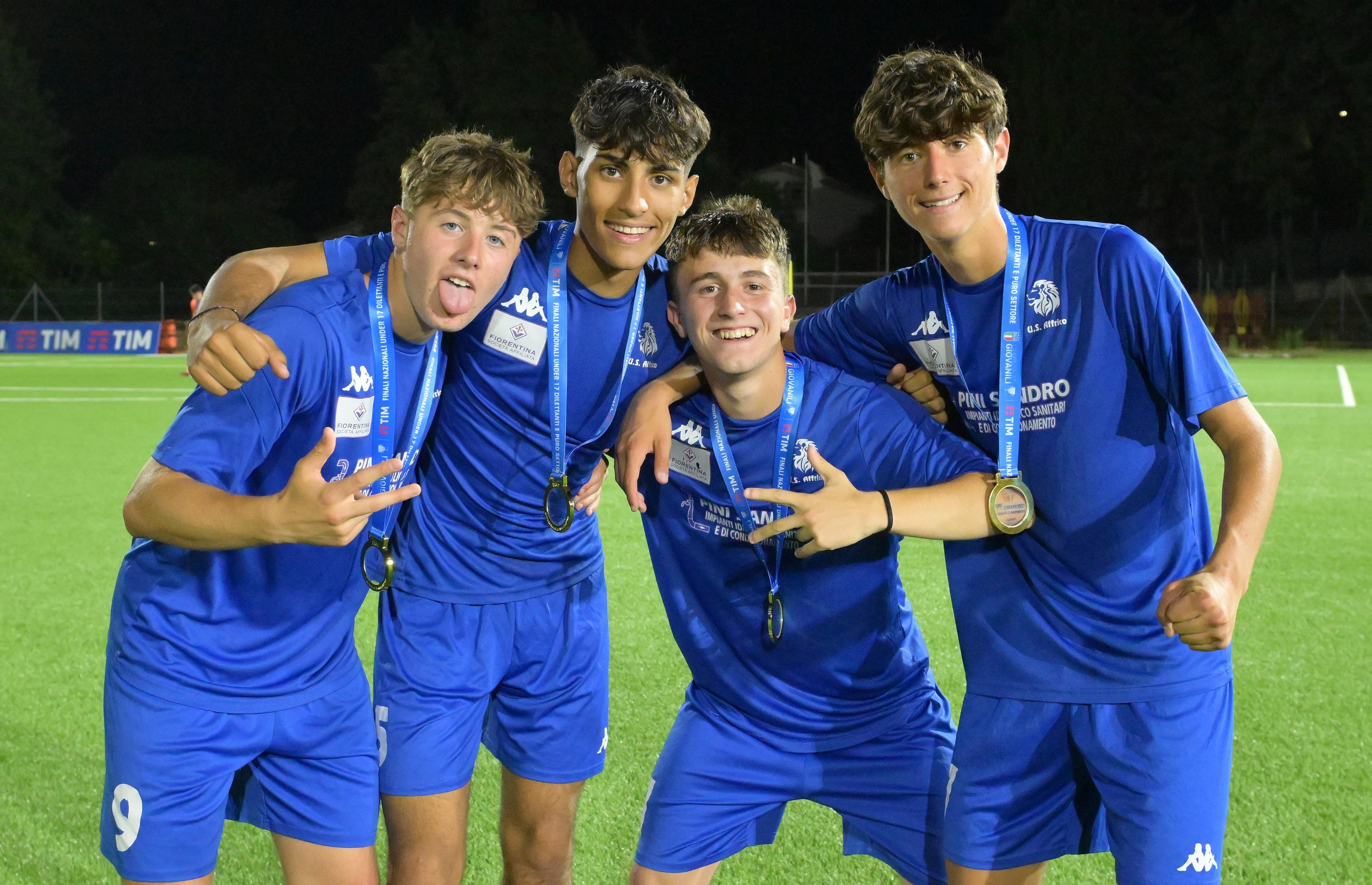 RECANATI, ITALY - JUNE 29: Players of Affrico celebrate the victory the U17 Amateurs Final match between Levante Azzurro and Affrico at Stadio Nicola Tubaldi on June 29, 2024 in Recanati, Italy. (Photo by Giuseppe Bellini/Getty Images)