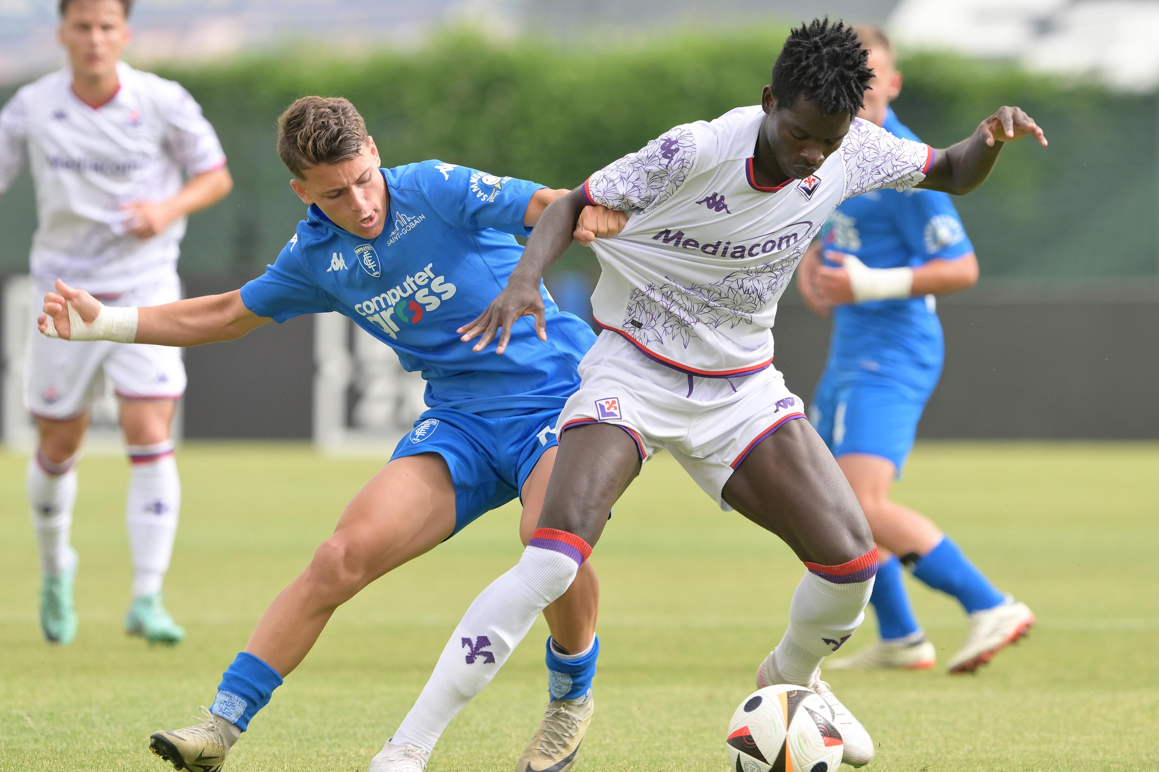 ASCOLI PICENO, ITALY - JUNE 19: Andrea Orlandi of Empoli FC and Bala Musa Keita of ACF Fiorentina in action during the Serie A & B U17 Semi-final match between ACF Fiorentina and Empoli FC at Stadio Cino e Lillo Del Duca on June 19, 2024 in Ascoli Piceno, Italy. (Photo by Giuseppe Bellini/Getty Images)