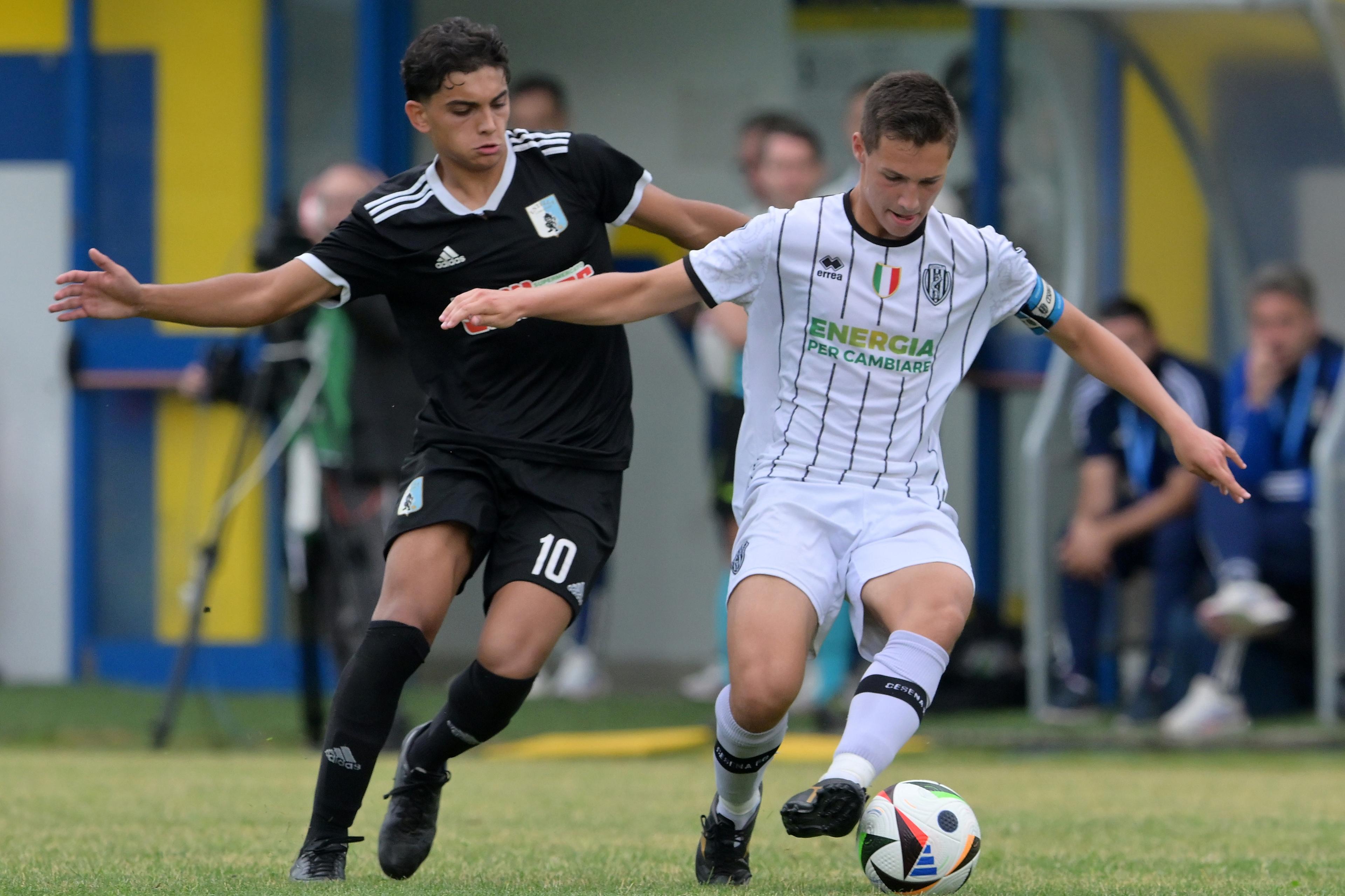 FERMO, ITALY - JUNE 23: Agostino Grasso of Virtus Entella and Francesco Caso of Cesena in action during the Serie C U16 Final match between Cesena and Virtus Entella at Stadio Bruno Recchioni on June 23, 2024 in Fermo, Italy. (Photo by Giuseppe Bellini/Getty Images)